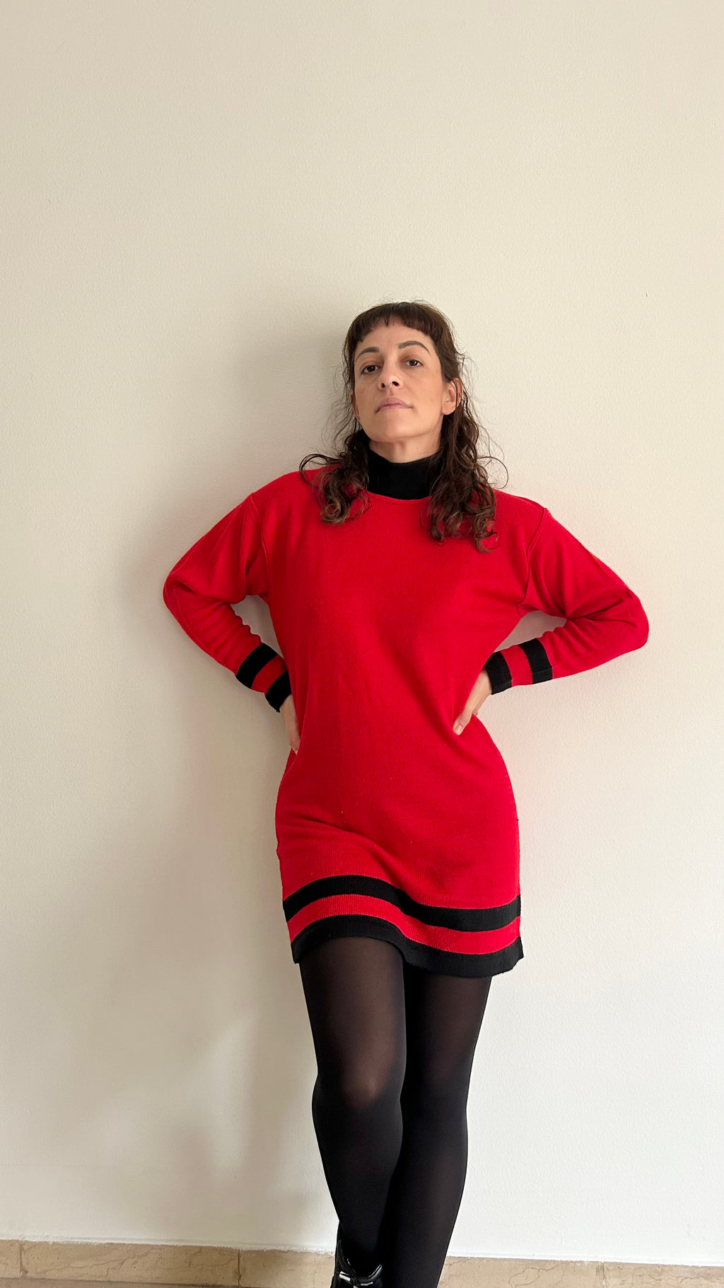 Vintage Red Knit Mini Dress with Black Details