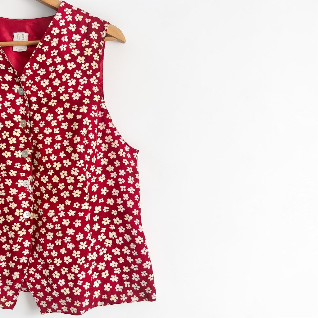 90s Ditsy Floral Print Vest • Red & Cream Button-Down Waistcoat