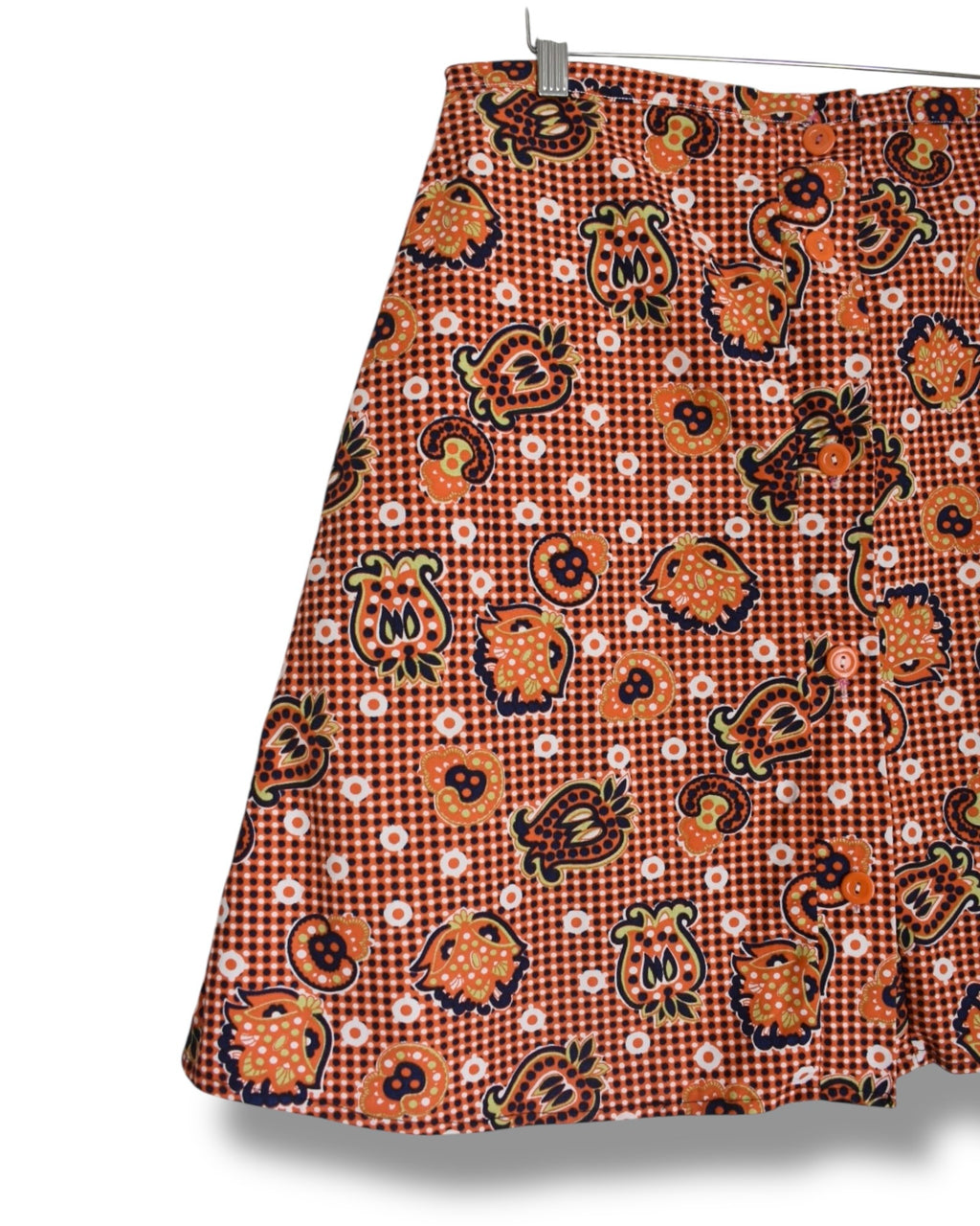 1970s Handmade Vintage Skirt – Printed Brim Cotton with Front Buttons