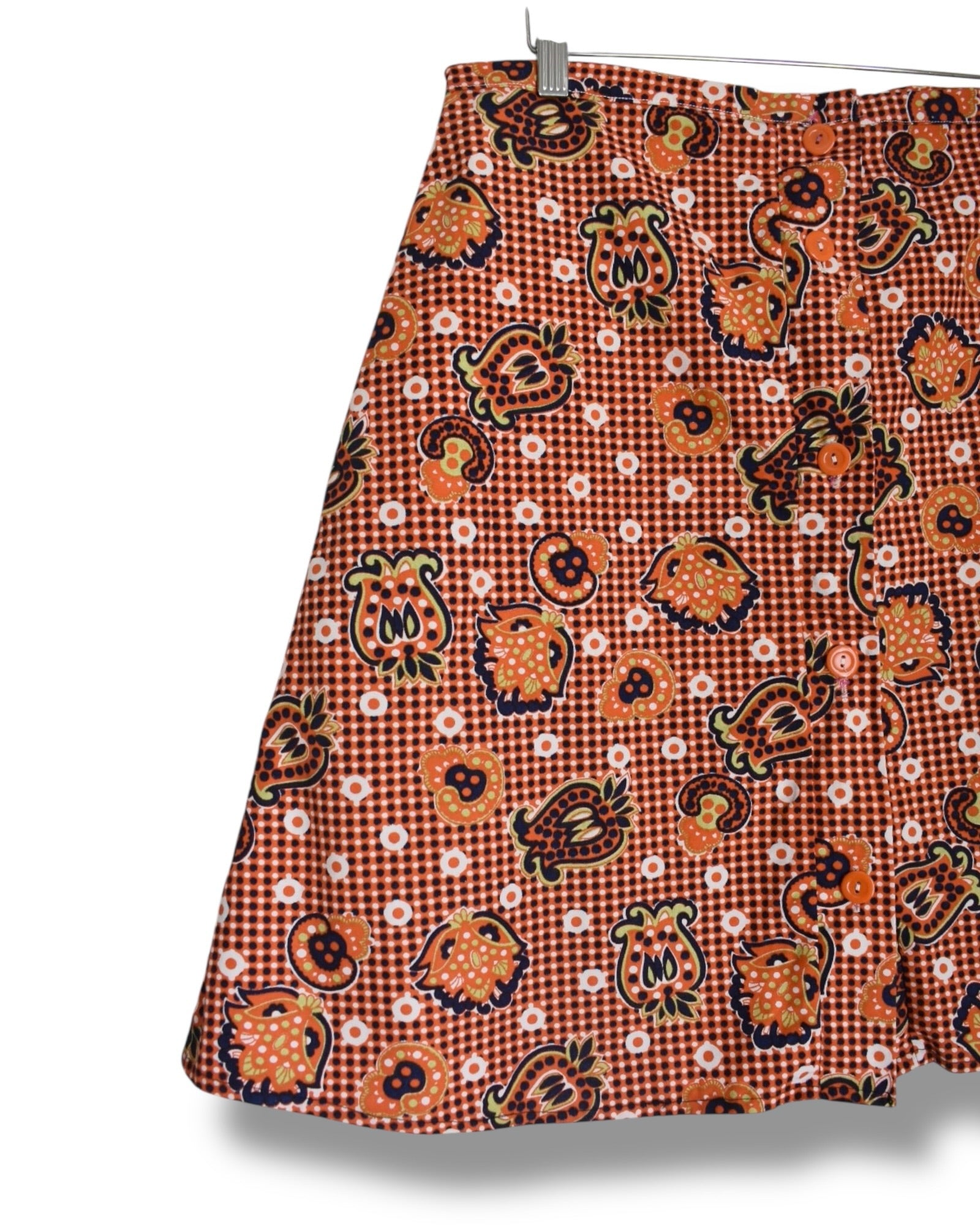 1970s Handmade Vintage Skirt – Printed Brim Cotton with Front Buttons