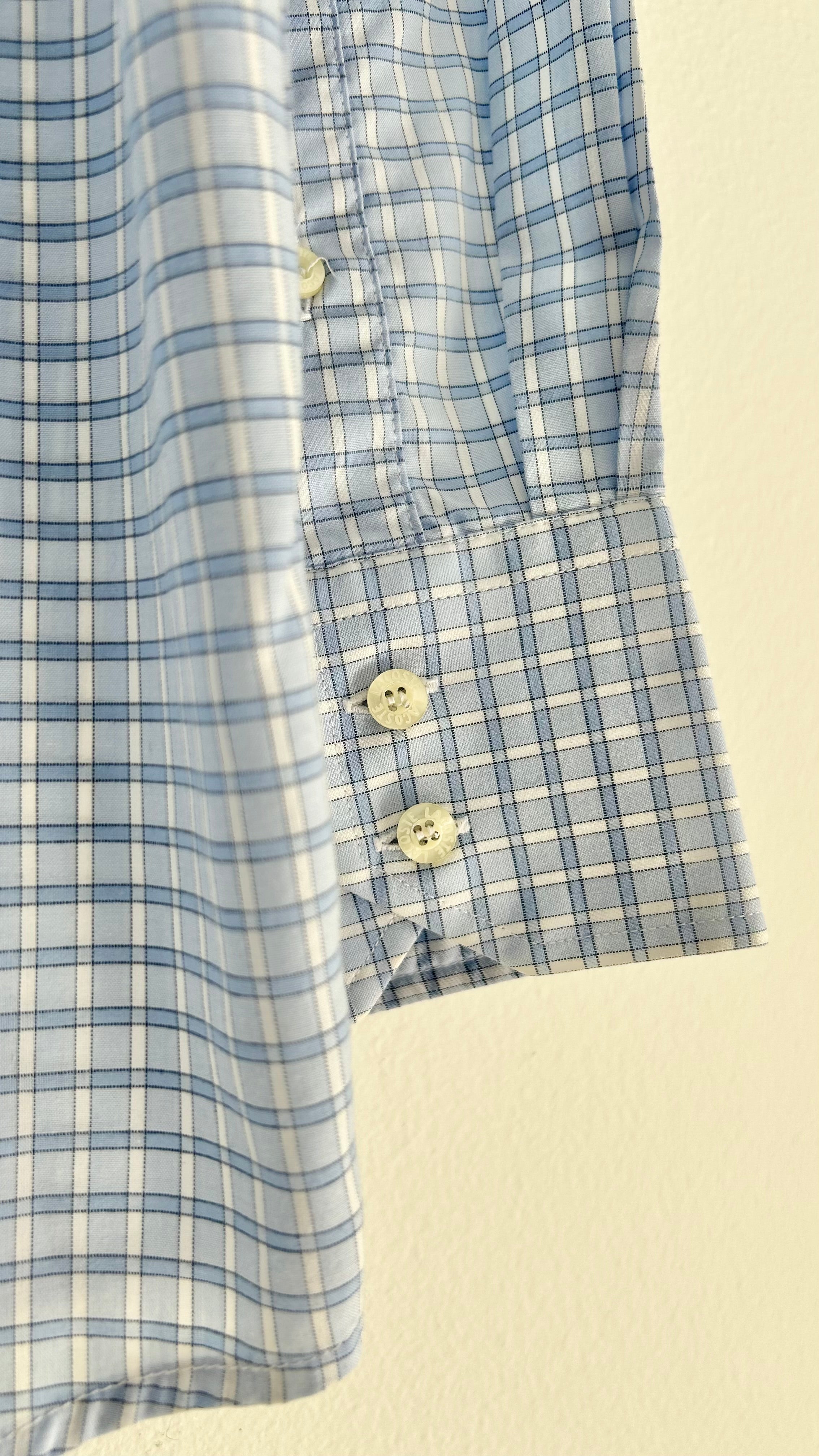 Vintage Lacoste Checked Shirt – Light Blue, 100% Cotton, Size 42
