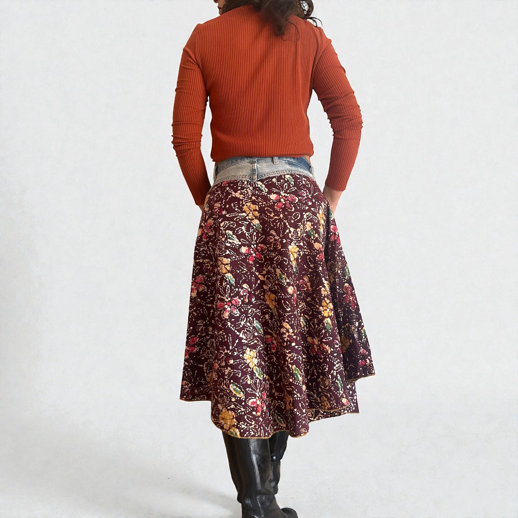 Vintage Y2K Denim & Batik Flare Skirt