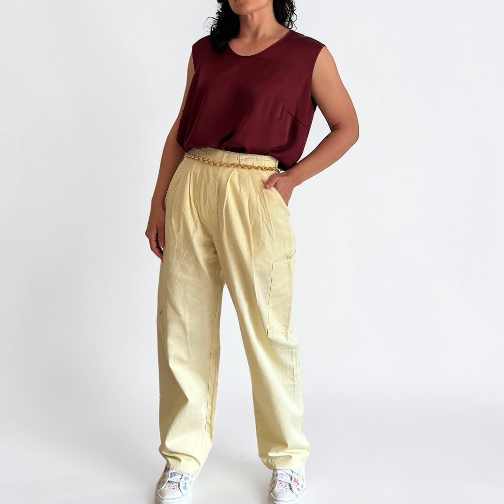 90s Butter Yellow Pleated Utility Cargo Trousers • Wide Leg