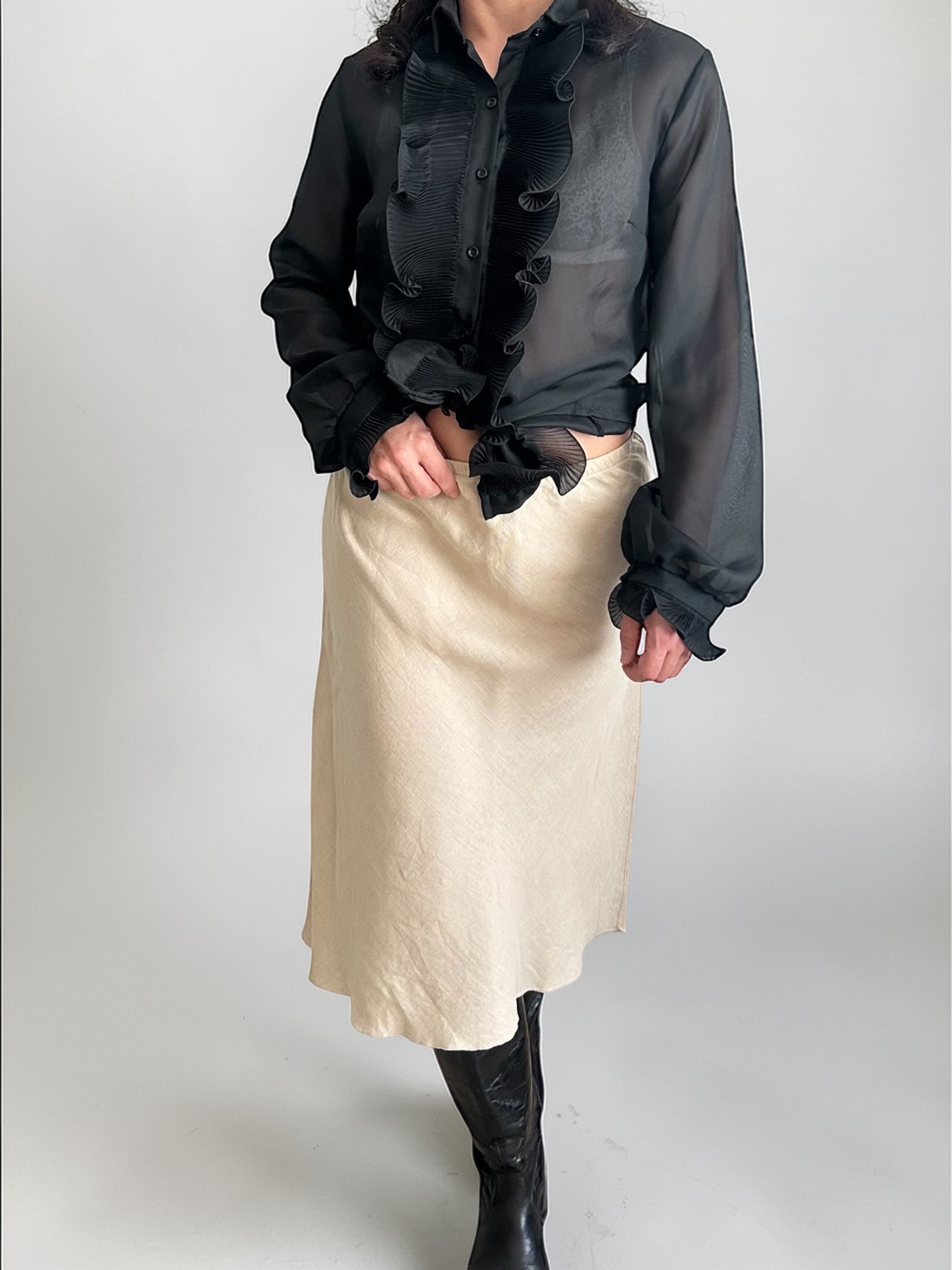 Vintage Sheer Pleated Ruffle Blouse