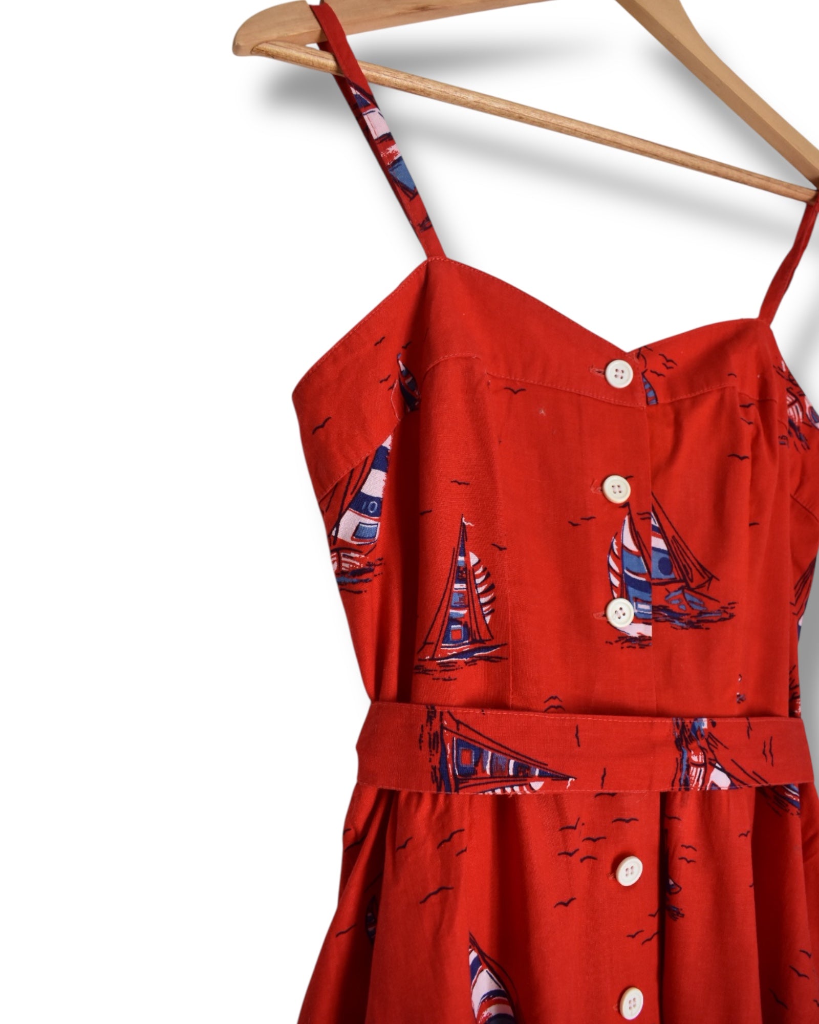 Vintage 80s Red Sailboat Print Midi Dress | Sweetheart Neckline