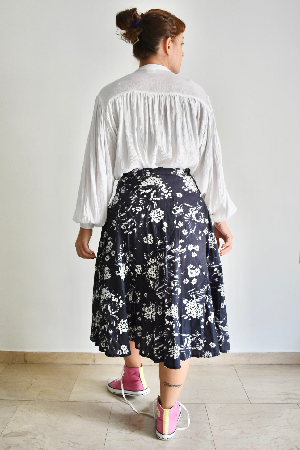 Vintage Dark Blue Flared Midi Skirt with Floral Print
