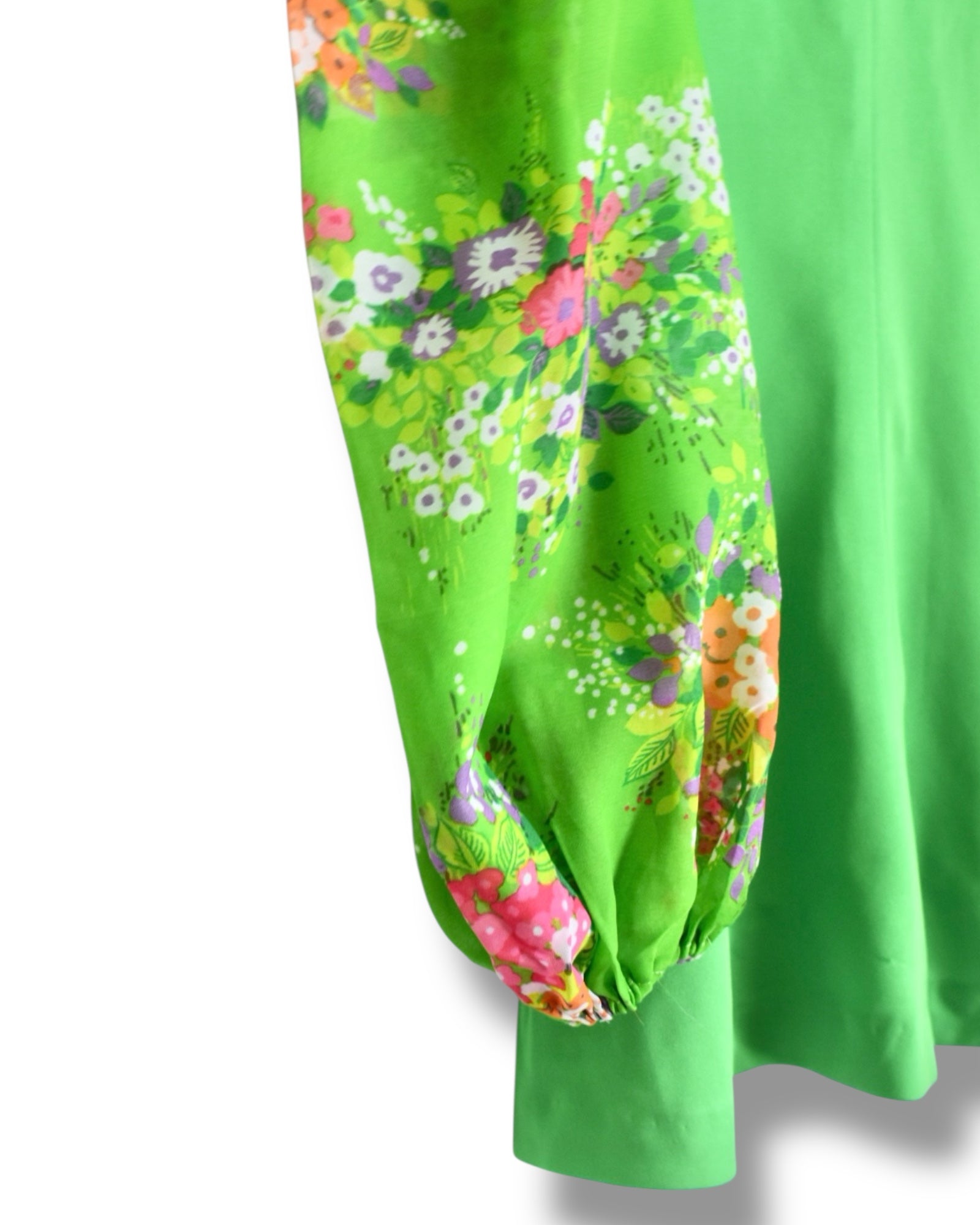 Vintage 1970s Green Mini Dress with Puffy Floral Sleeves