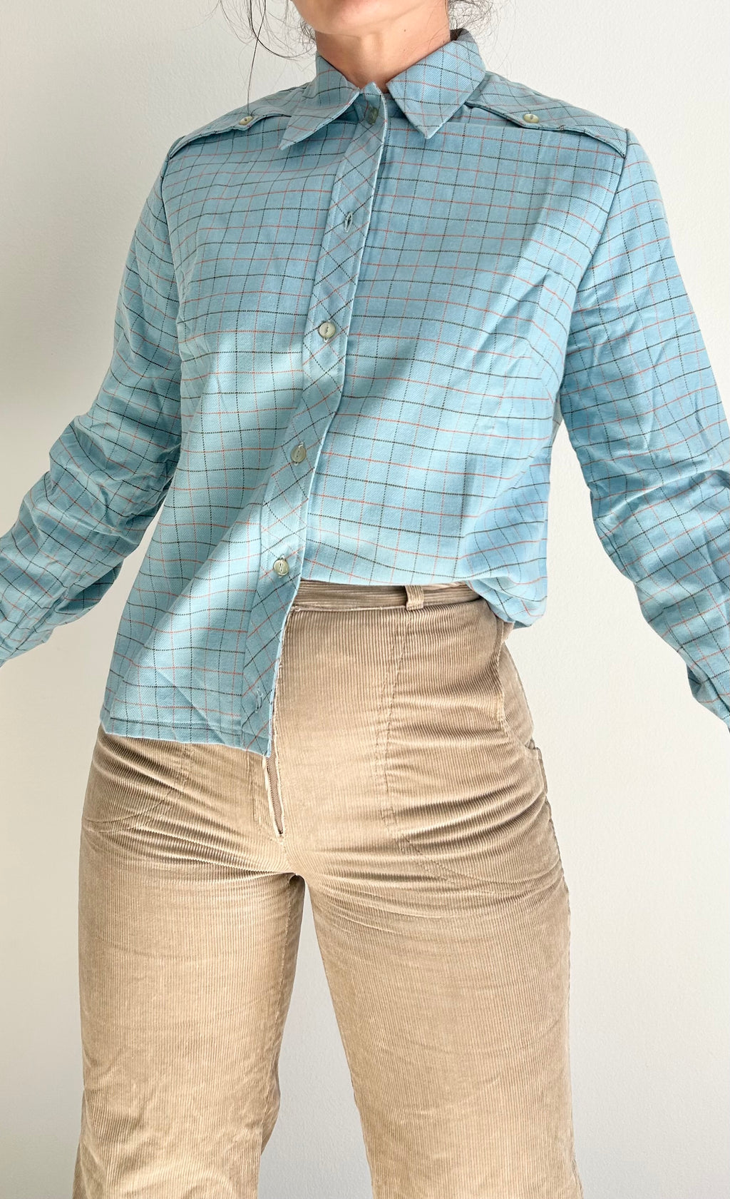 1970s Light Blue Flannel Button-Up Shirt – Long Sleeve