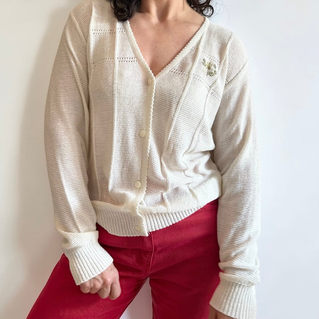 Vintage Italian Knit Cardigan • Delicate Floral Embroidery
