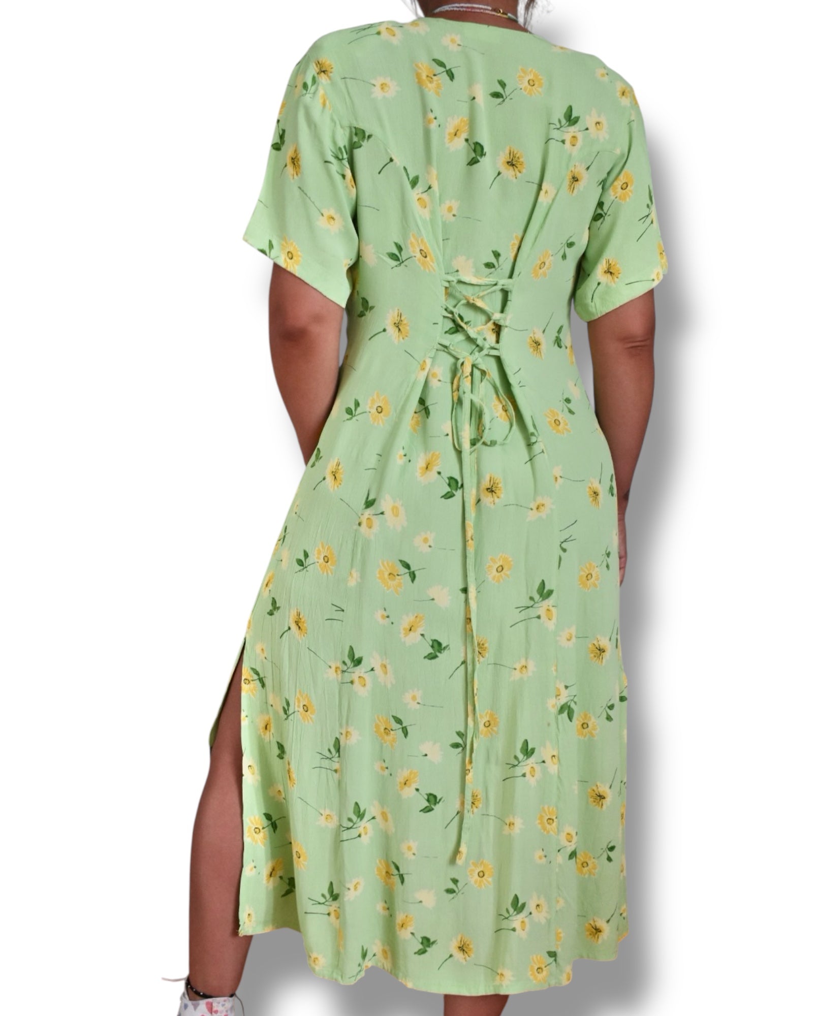 Vintage 80s/90s Green Floral Midi Dress – 100% Viscose