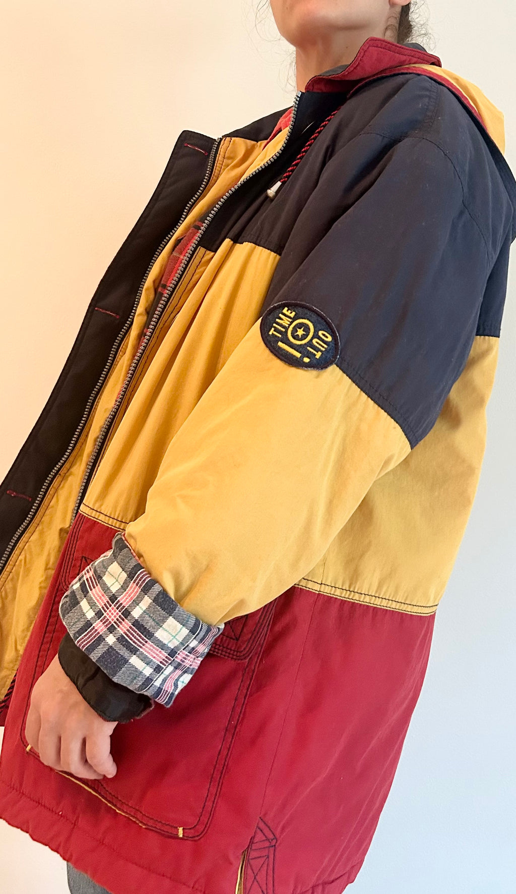 1980s Padded Hooded Jacket – Red, Yellow & Navy – Color Block Coat