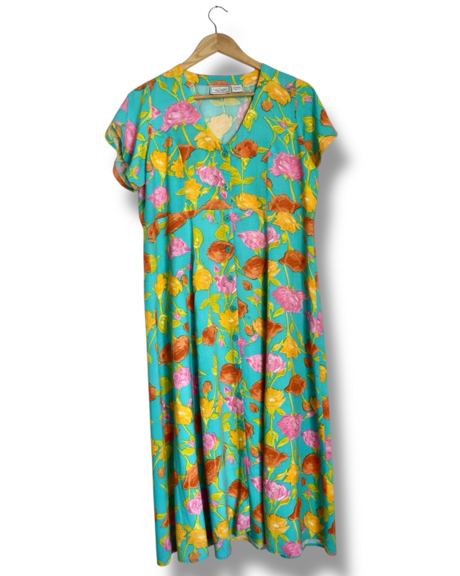 Vintage Midi Dress – Turquoise with Floral Print