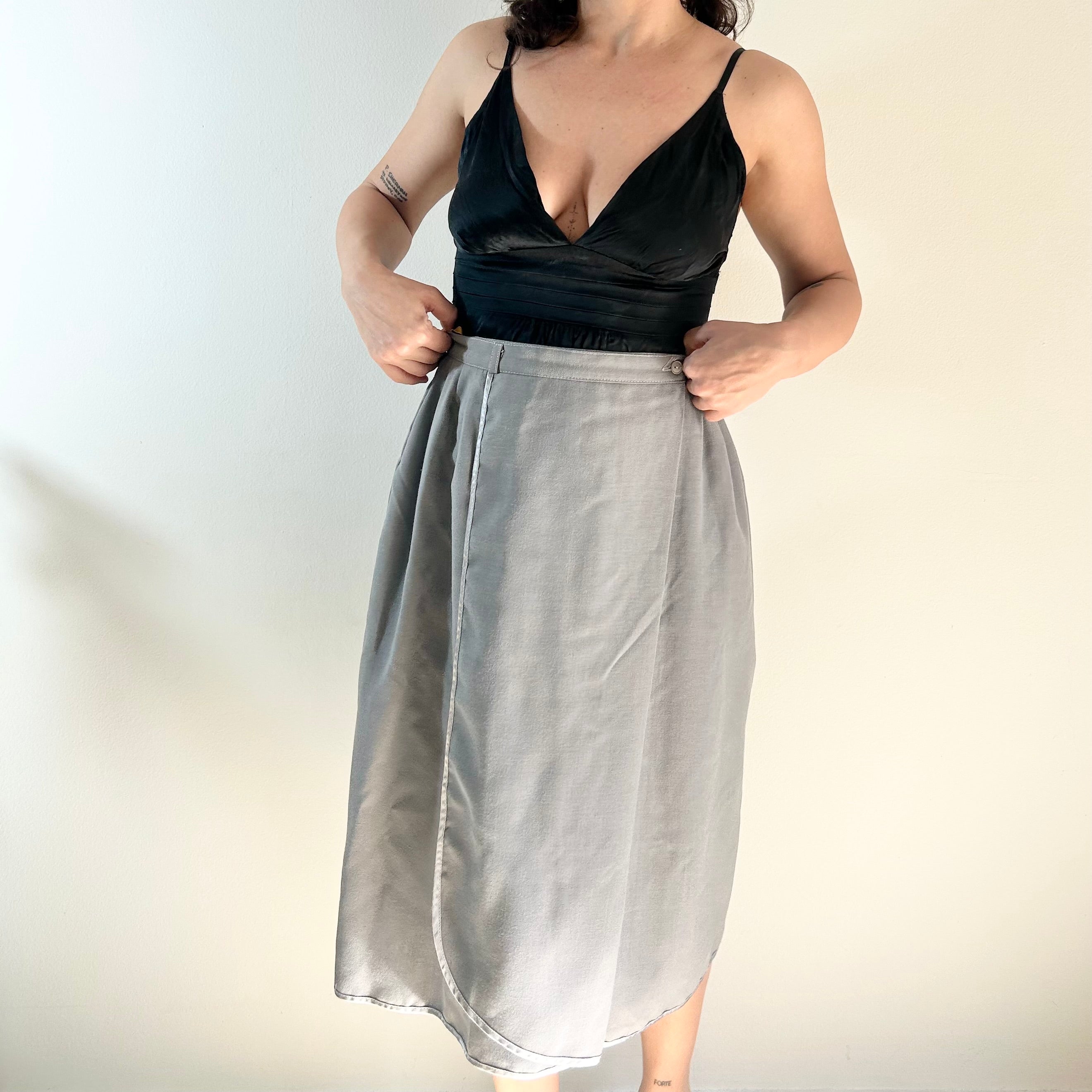 Vintage Slate Grey Wrap Midi Skirt