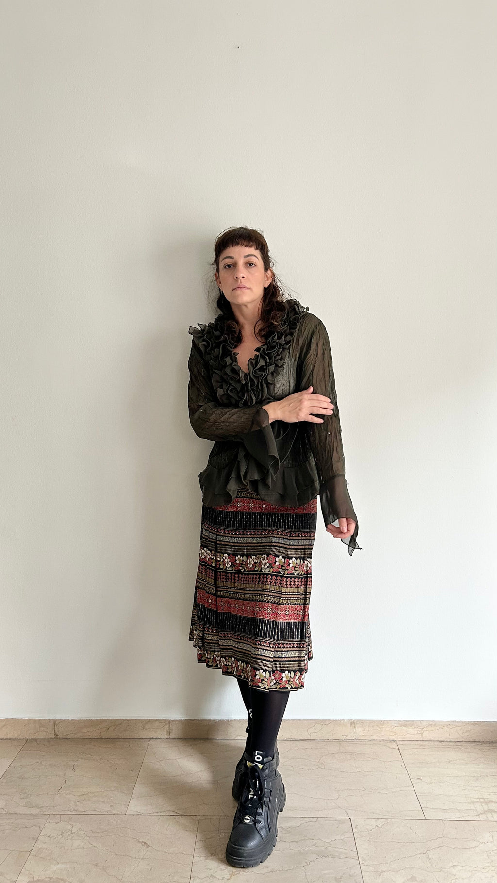 2000s Sheer Fairy-Style Blouse in Dark Green Silk Blend