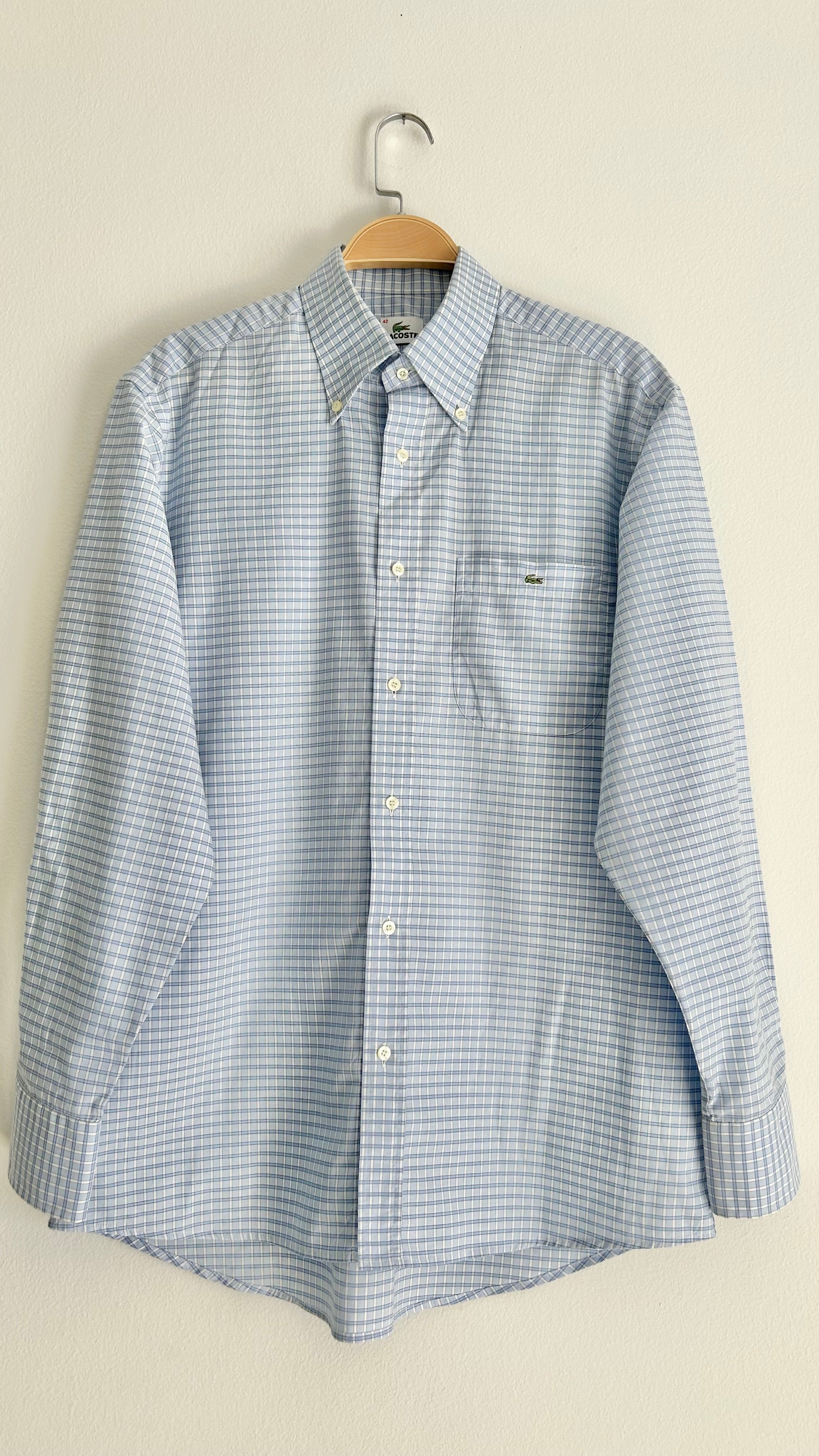 Vintage Lacoste Checked Shirt – Light Blue, 100% Cotton, Size 42