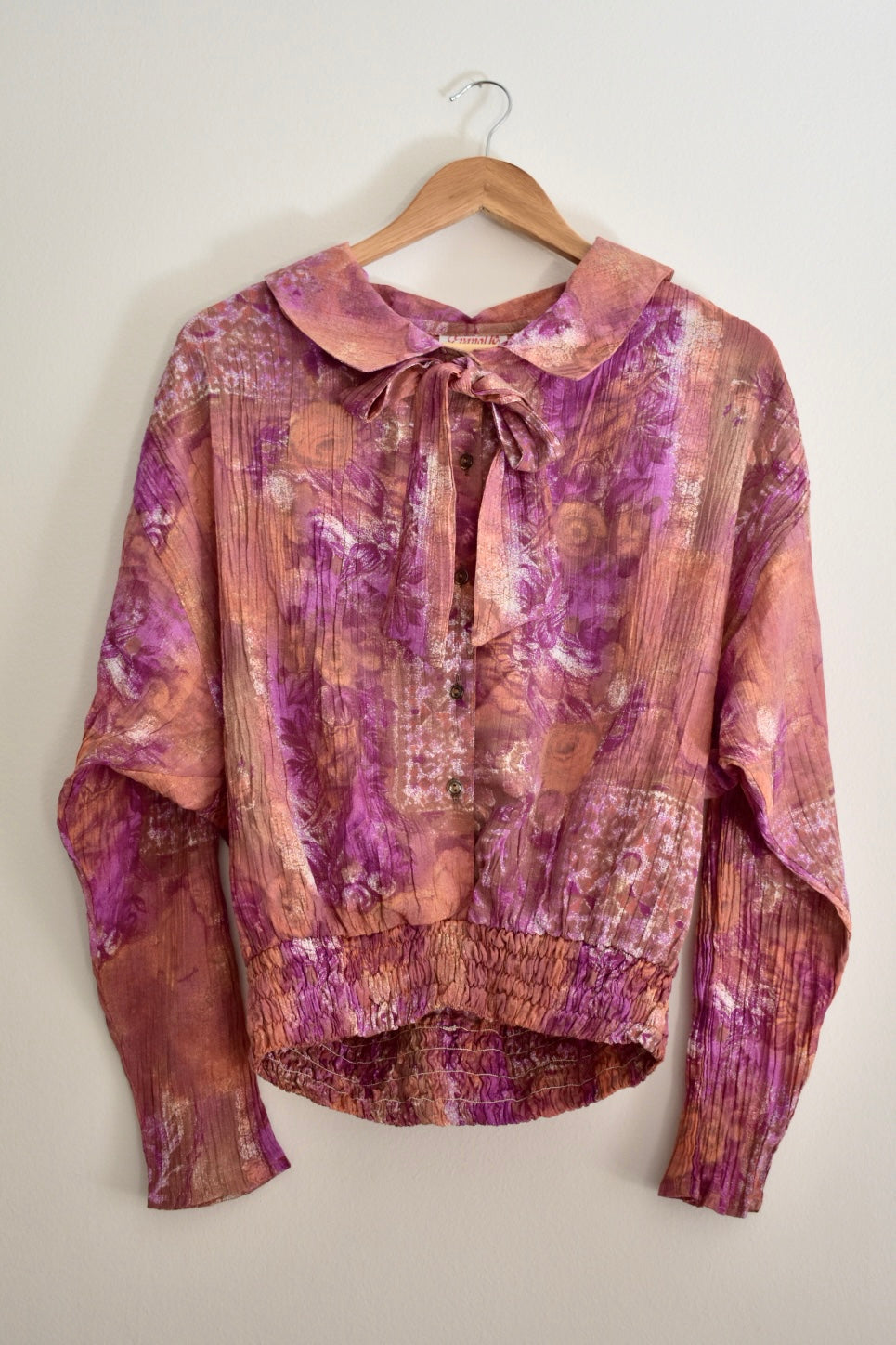 Vintage Women’s Long-Sleeve Blouse in Earthy and Purple Tones