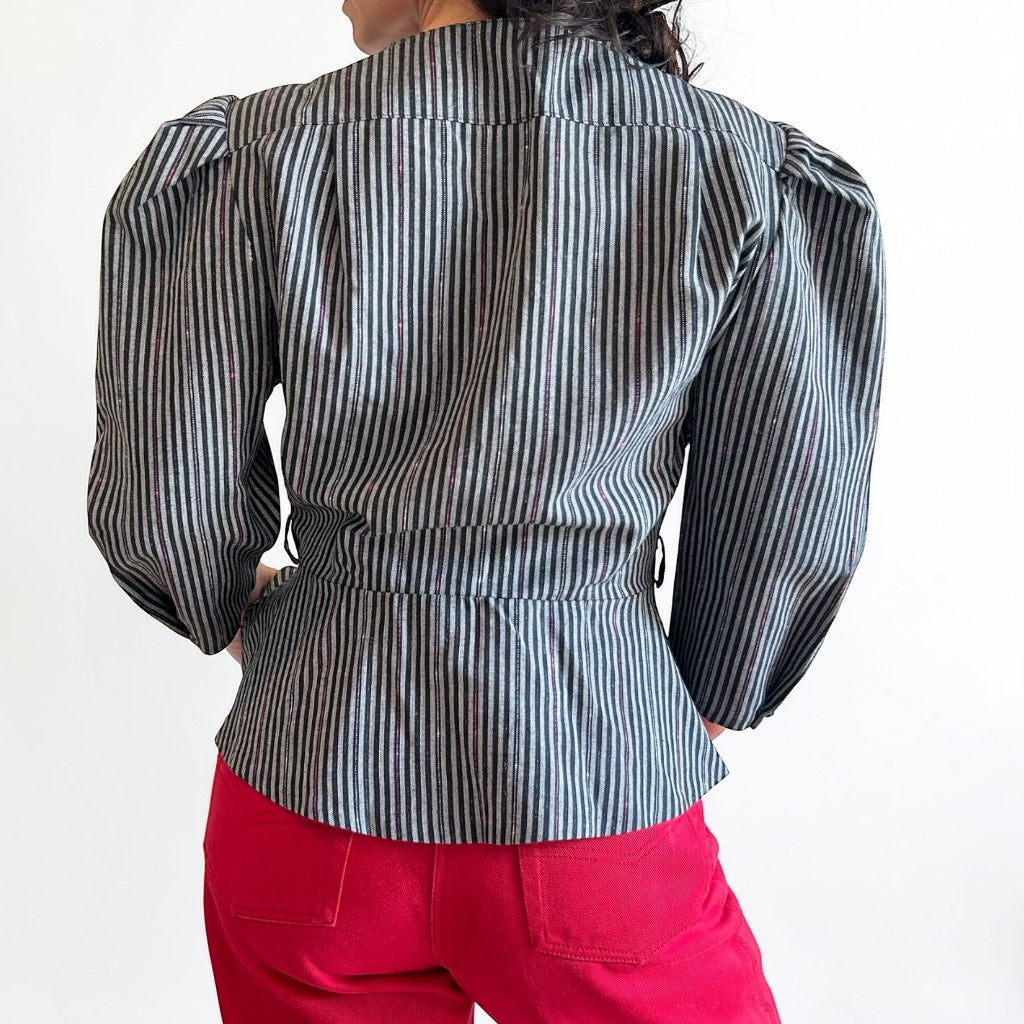 Vintage 80s Striped Peplum Blouse • Puff Sleeves • Metallic Sparkle