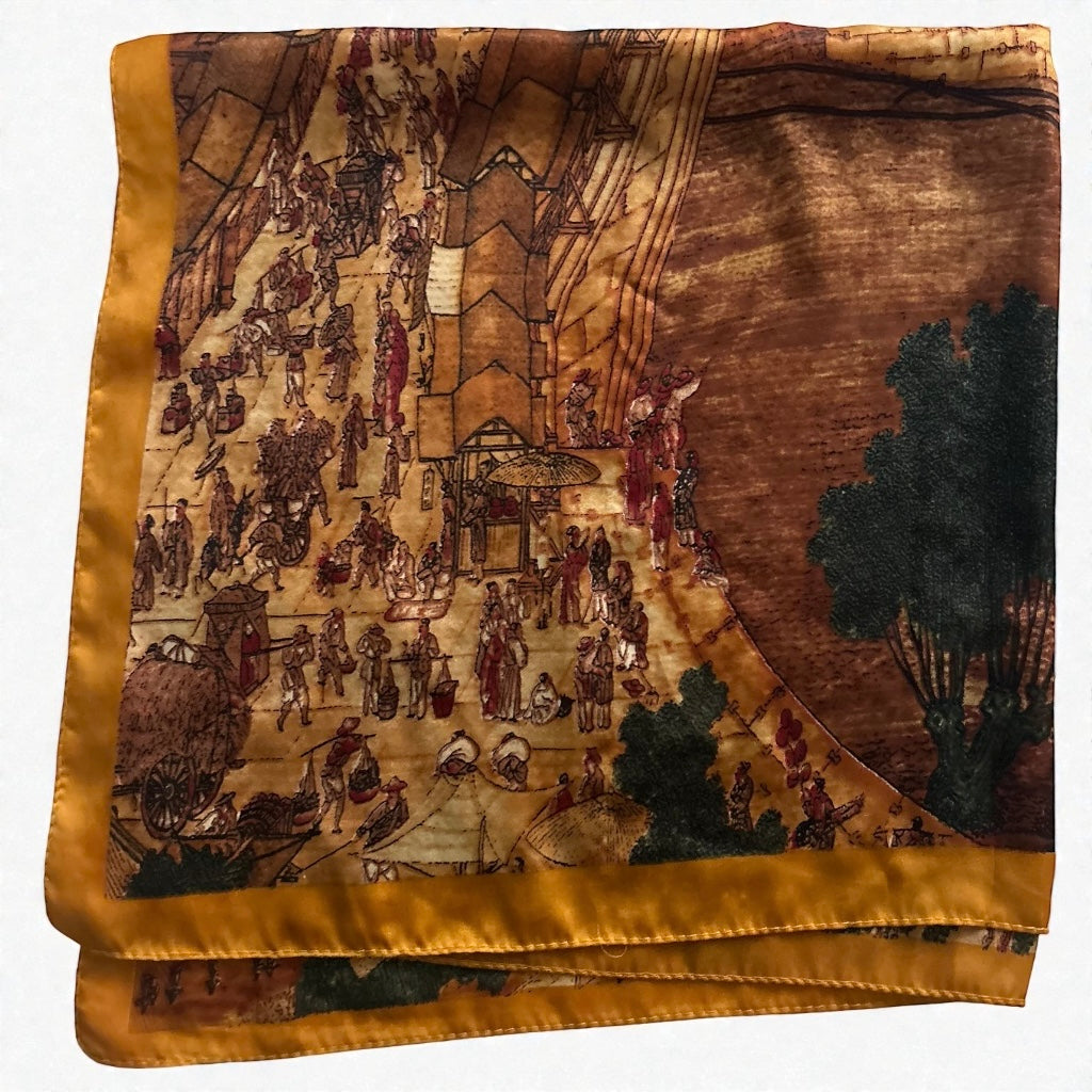 Vintage Silk Scenic Print Scarf