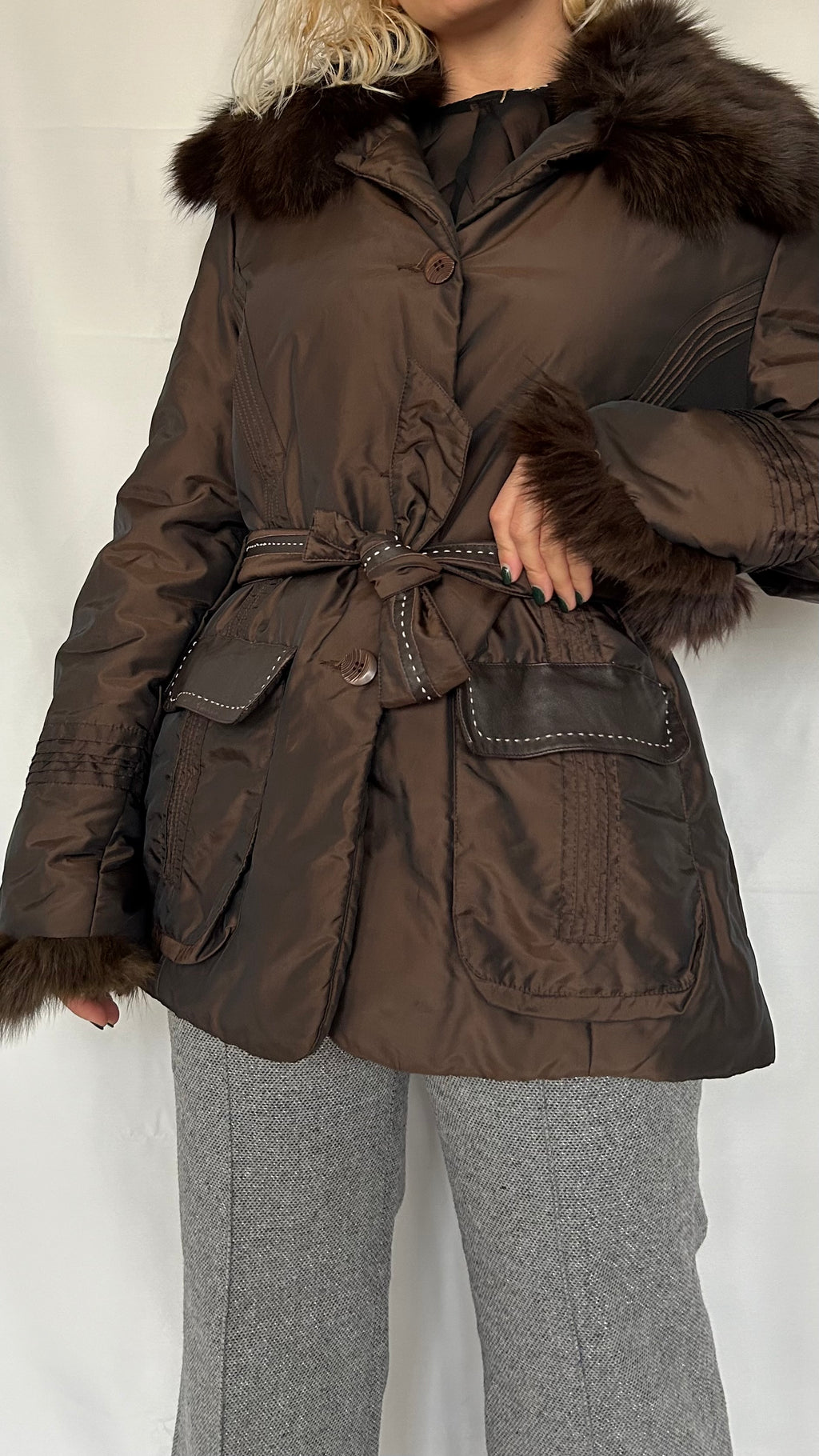 Vintage 2000s Brown Nylon Puffer Coat with Real Fox Fur Collar & Cuffs