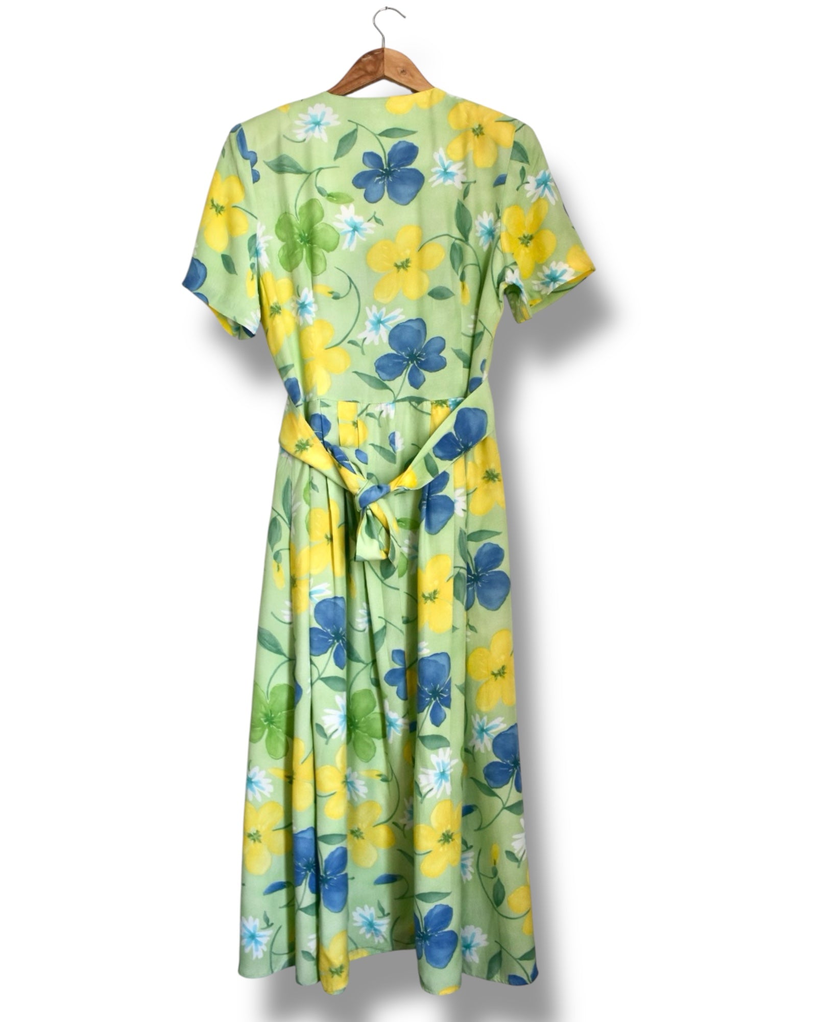 Vintage Pleated Long Dress – Light Green with Floral Print, Shoulder Pads