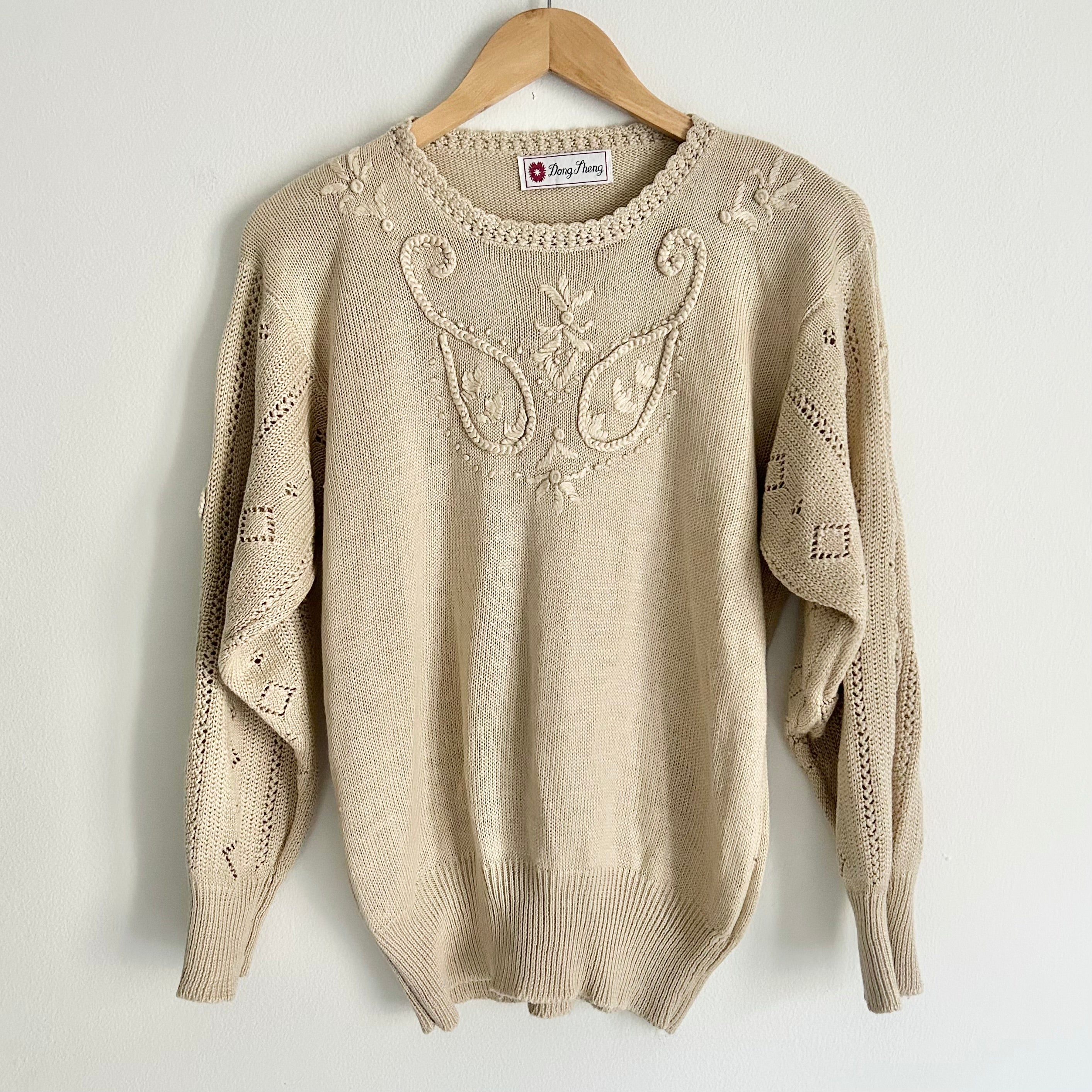 Vintage Warm Beige Crochet Detail Knit