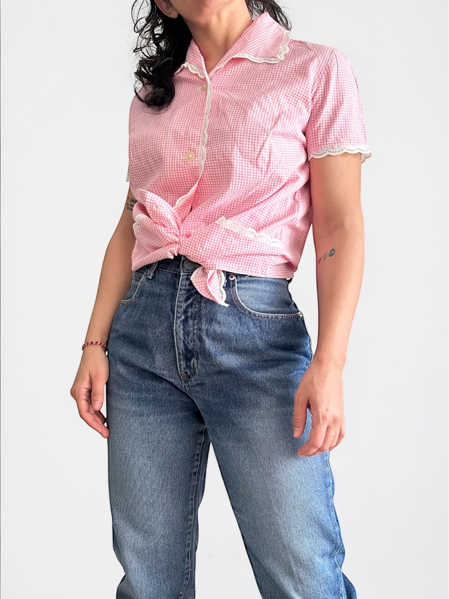 60s Pink Gingham Check Blouse • Retro Picnic Summer Shirt