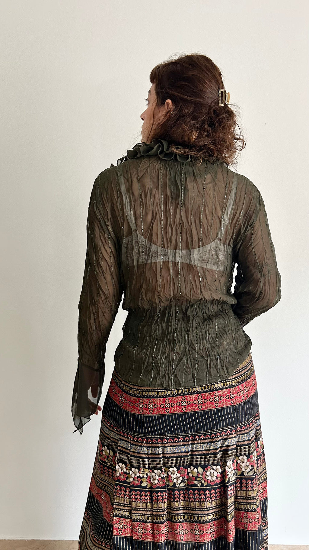 2000s Sheer Fairy-Style Blouse in Dark Green Silk Blend