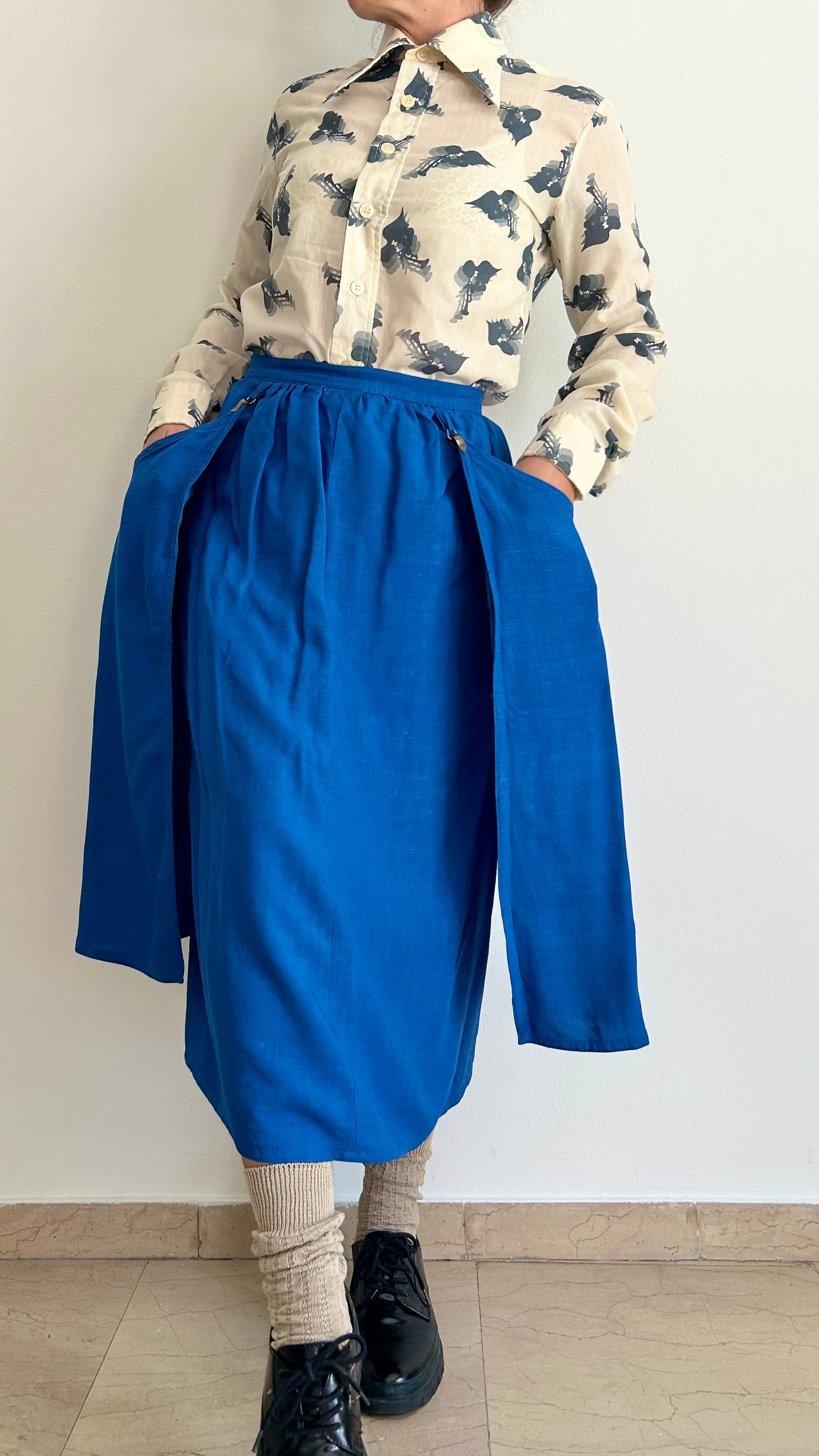 Vintage 1970s Royal Blue Linen Midi Skirt
