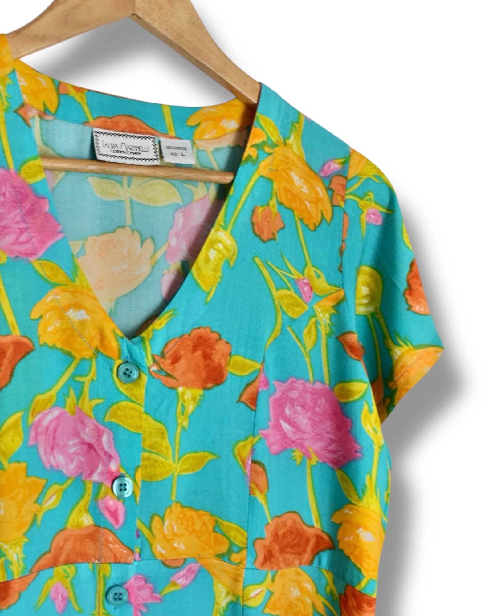 Vintage Midi Dress – Turquoise with Floral Print