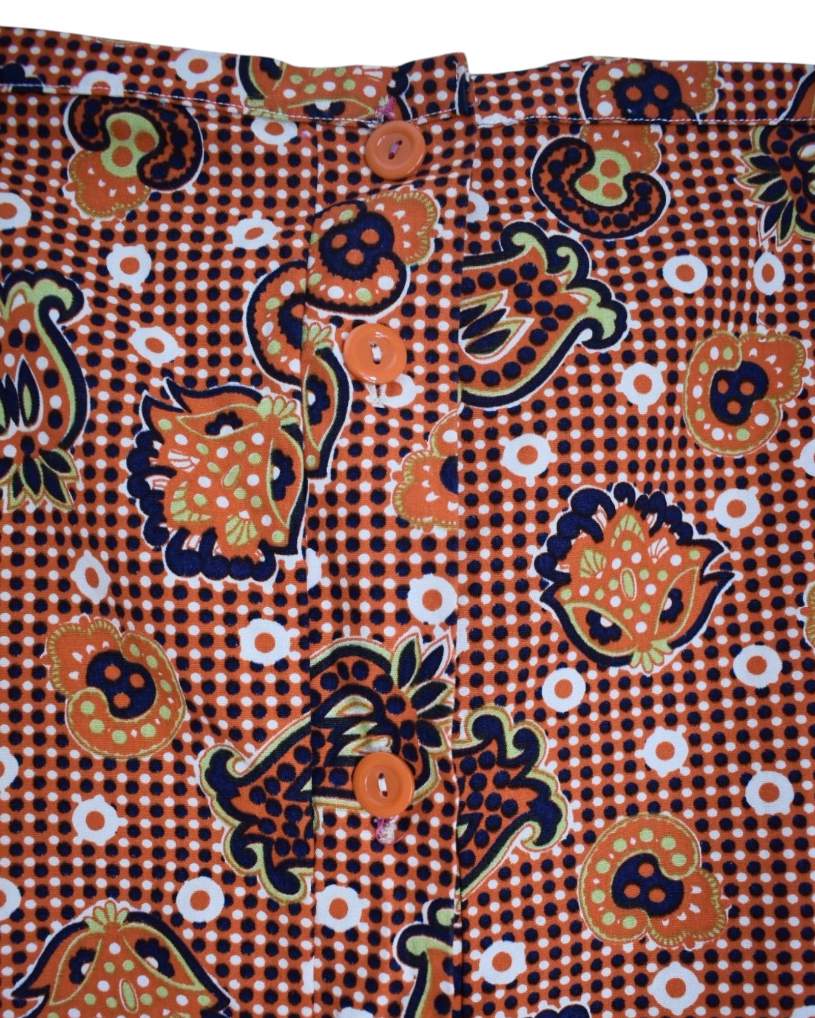1970s Handmade Vintage Skirt – Printed Brim Cotton with Front Buttons