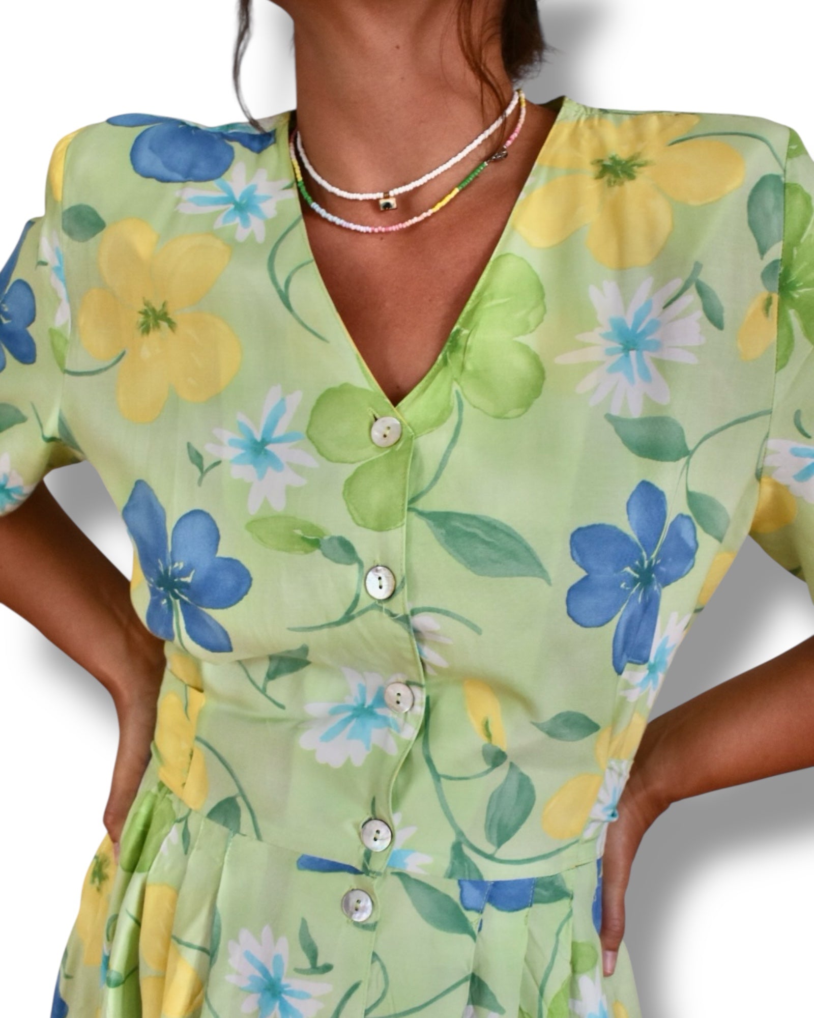 Vintage Pleated Long Dress – Light Green with Floral Print, Shoulder Pads