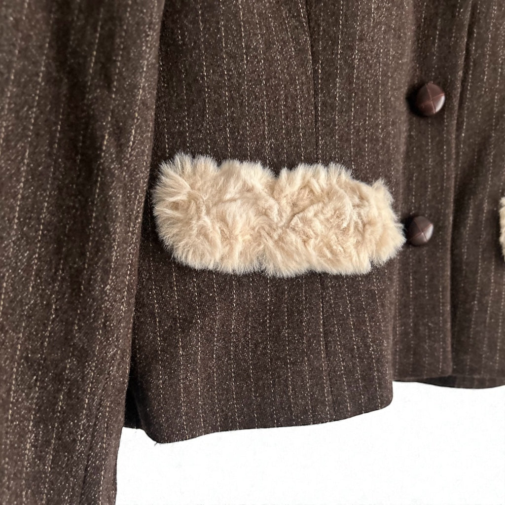 90s Wool Blend Pinstripe Jacket - Faux-Fur Accents