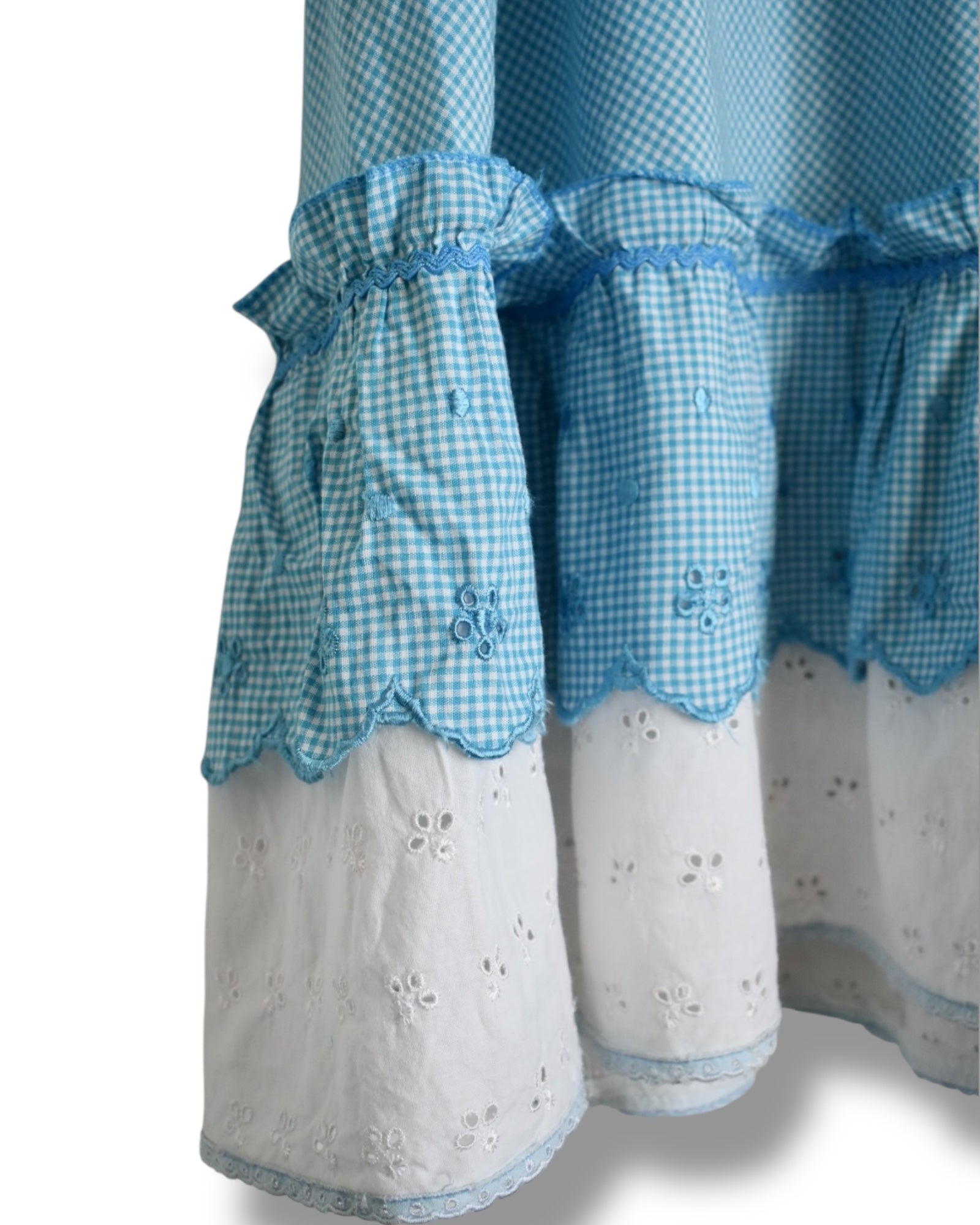 Vintage Blue Gingham Cotton Dress with Eyelet Trim