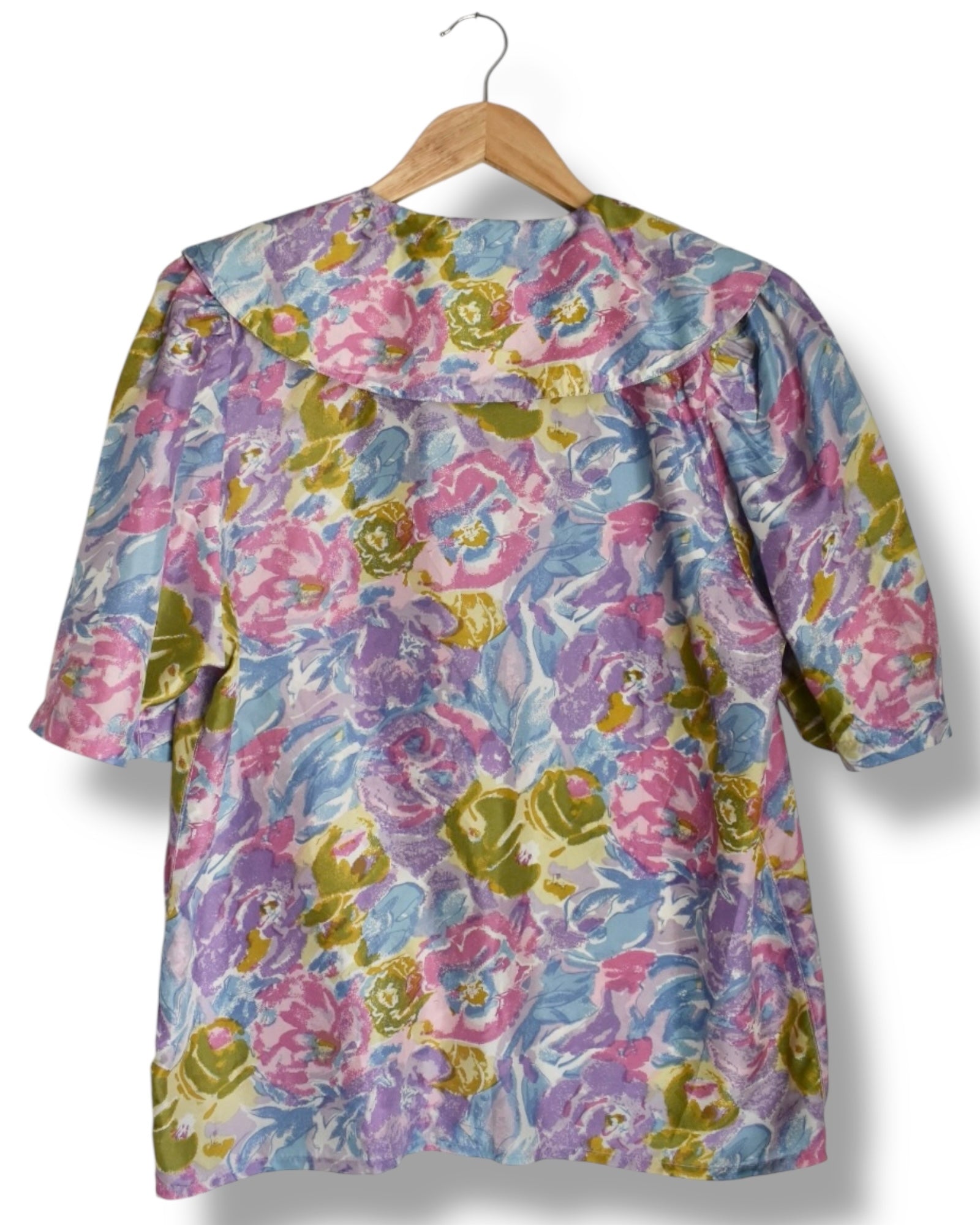Vintage 1980s Silk Floral Blouse with Oversized Collar