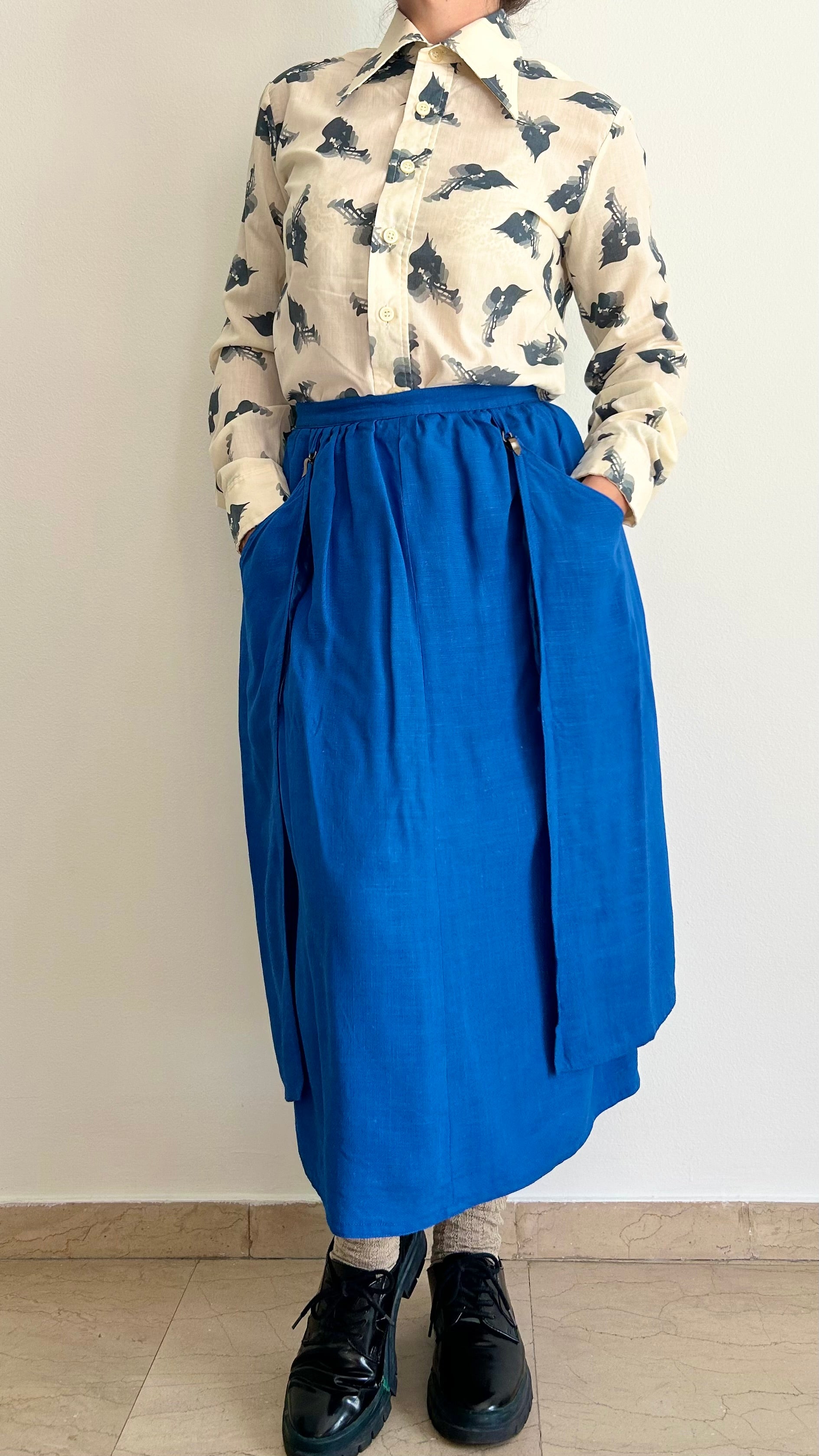 Vintage 1970s Royal Blue Linen Midi Skirt