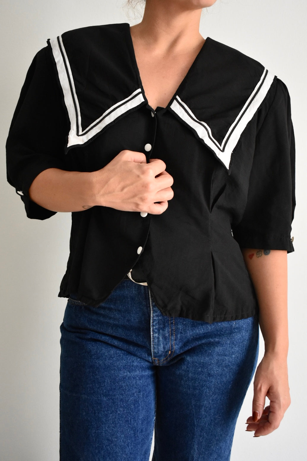 Vintage Black Women’s Blouse with Sailor Collar