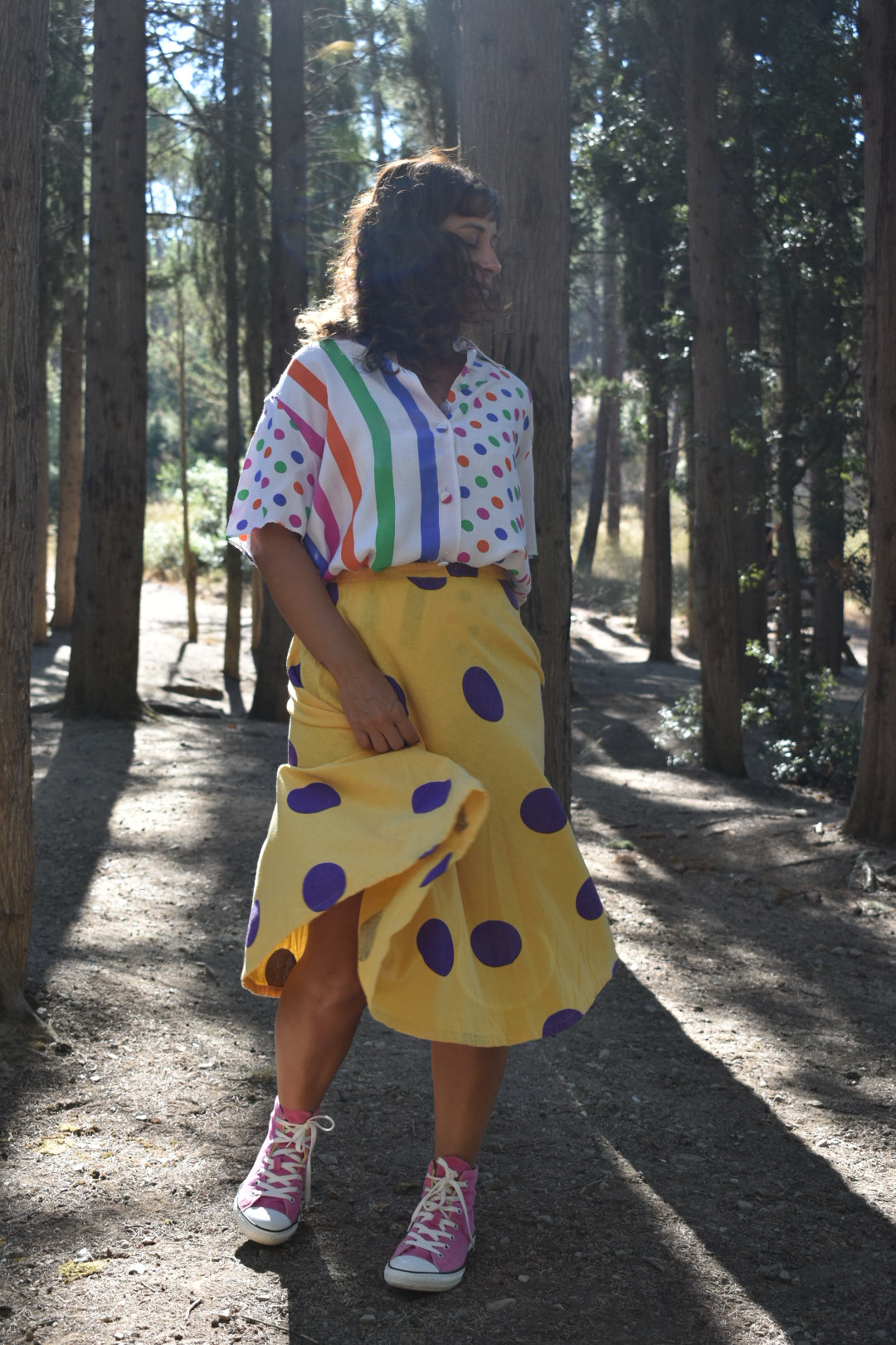 Vintage Yellow Circle Skirt with Purple Polka Dots – 90s