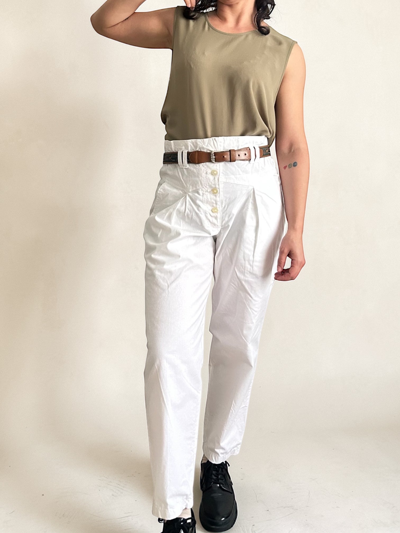 Vintage High-Waisted White Cotton Trousers