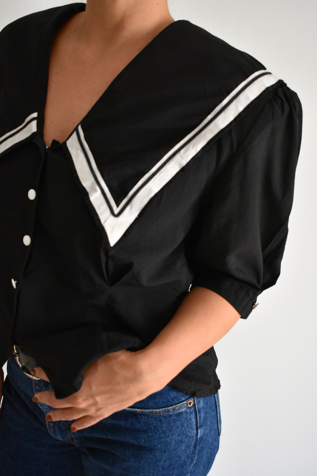 Vintage Black Women’s Blouse with Sailor Collar