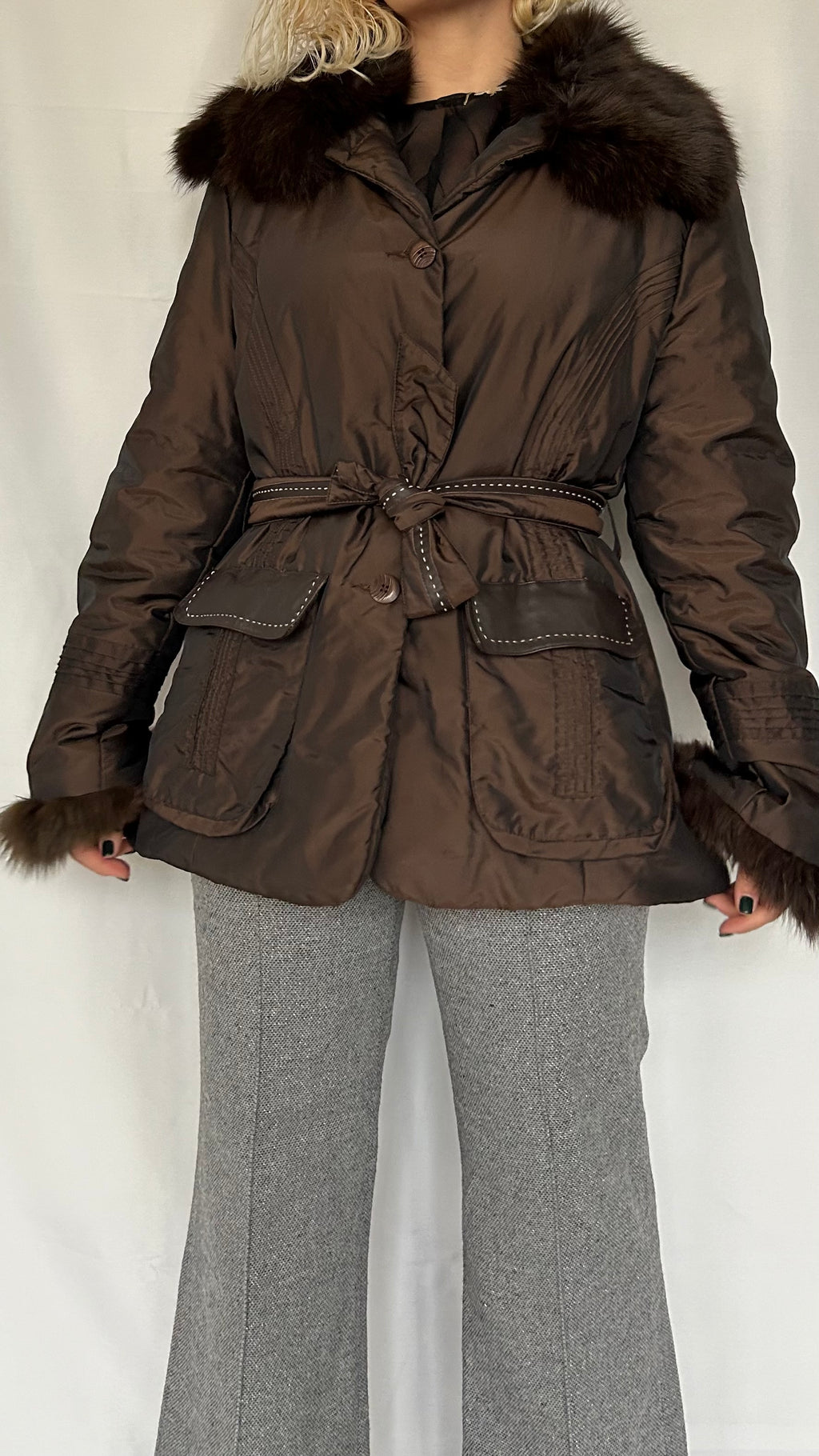 Vintage 2000s Brown Nylon Puffer Coat with Real Fox Fur Collar & Cuffs