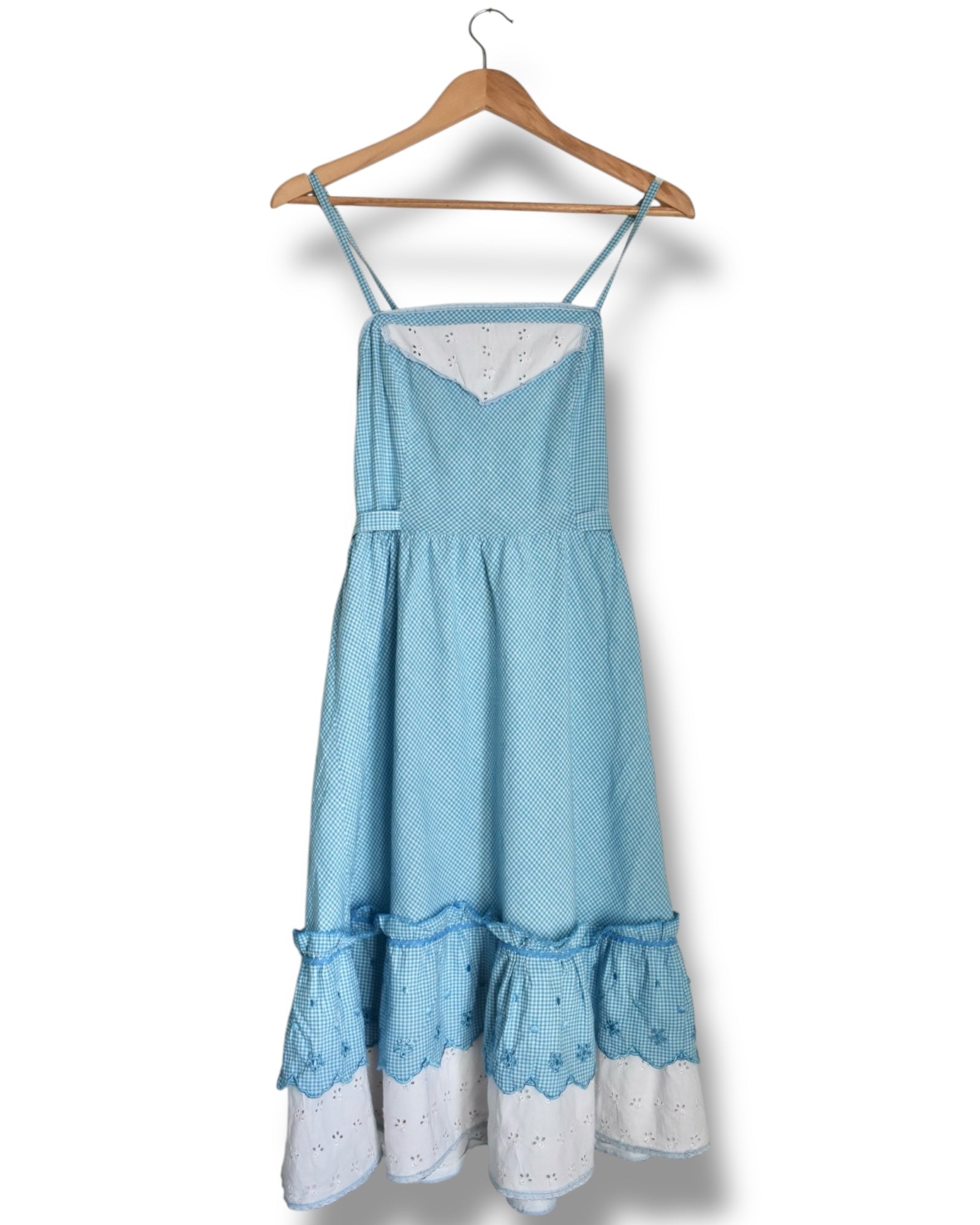 Vintage Blue Gingham Cotton Dress with Eyelet Trim