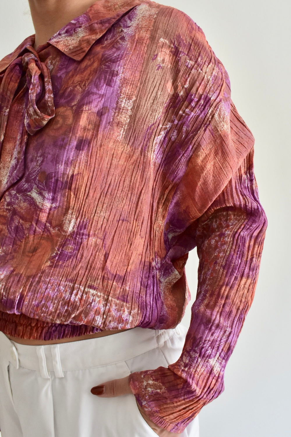 Vintage Women’s Long-Sleeve Blouse in Earthy and Purple Tones