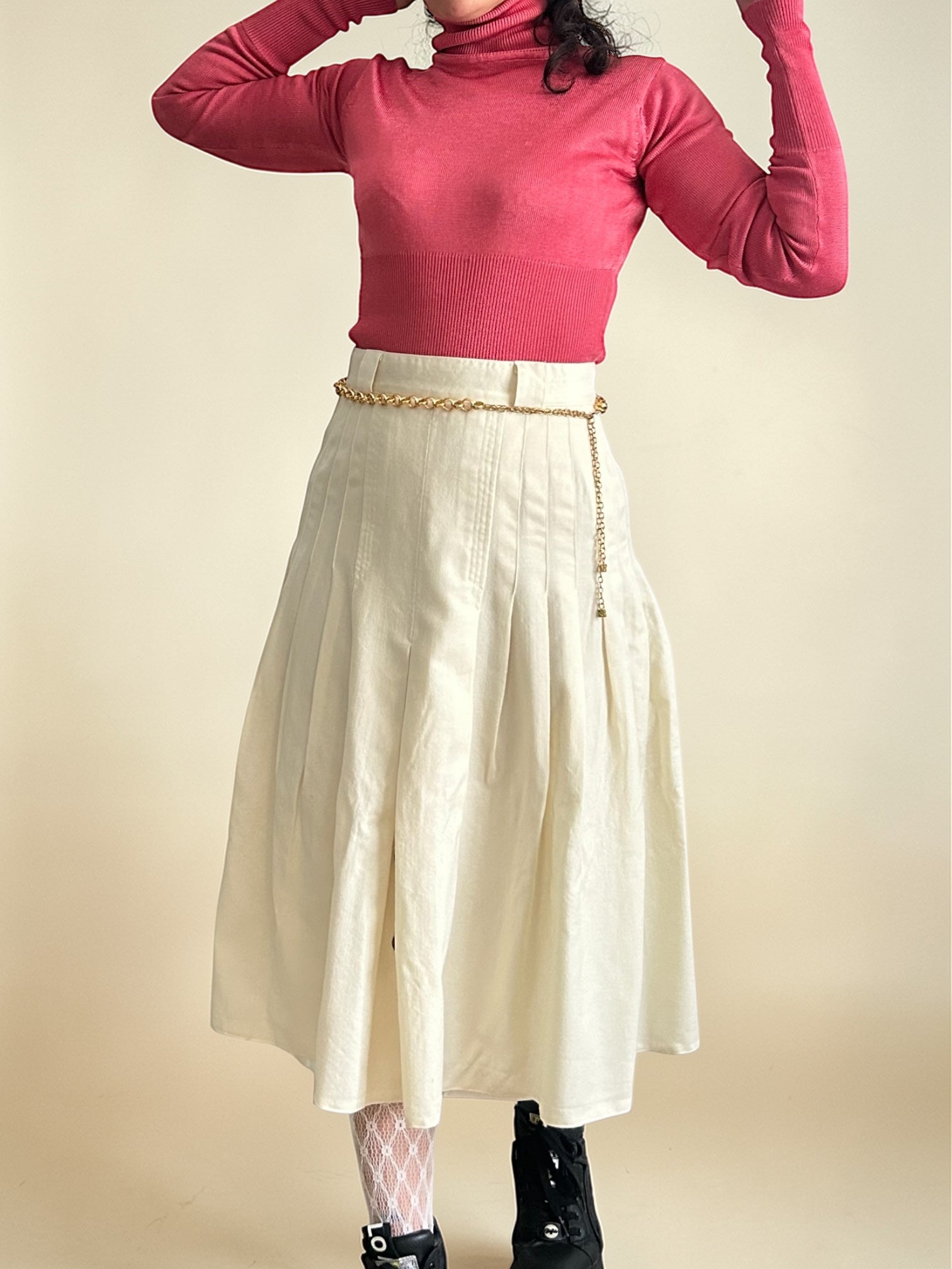 90s Tailored Virgin Wool Pleated Midi Skirt
