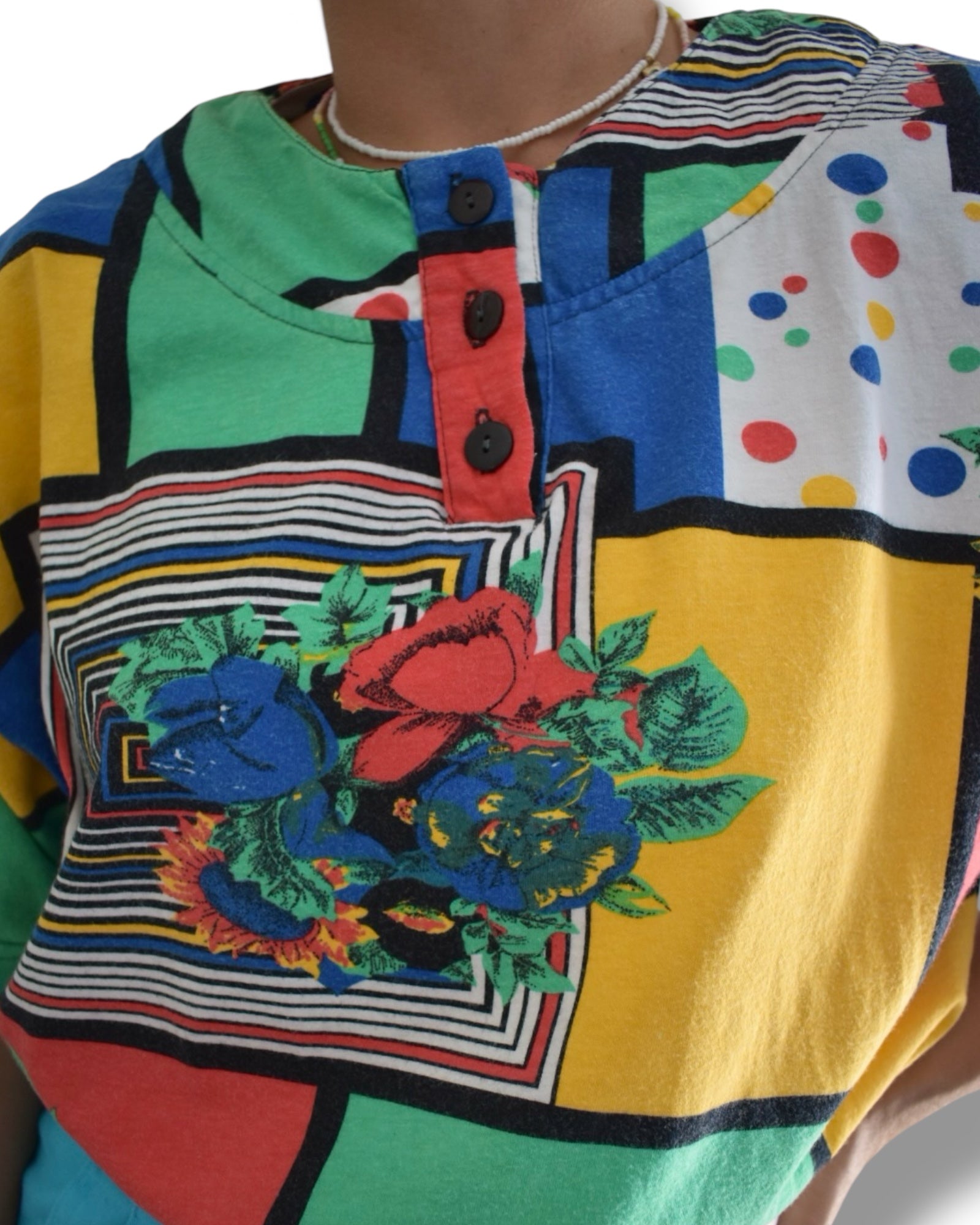 Vintage T-Shirt – Color Block & Pattern Mix with Shoulder Pads