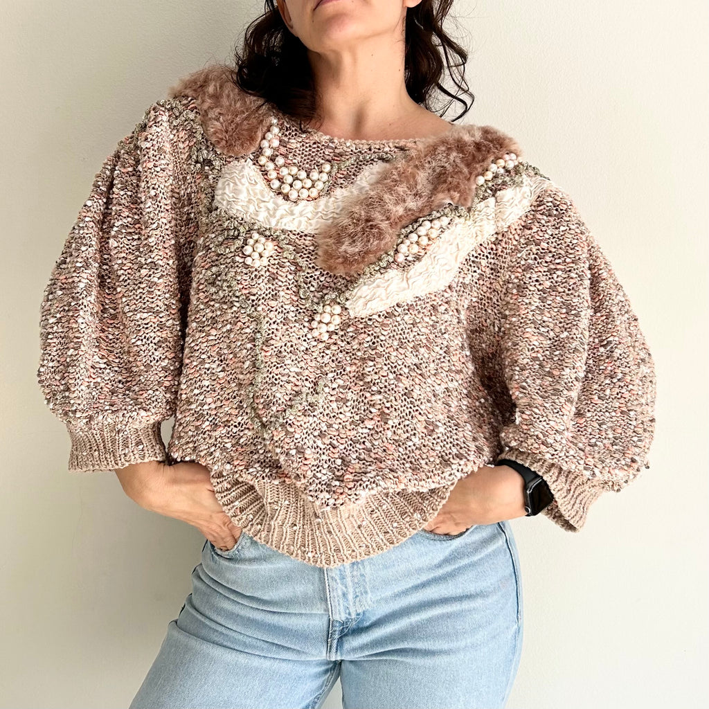 Handmade Pearl & Faux-Fur Details Sweater