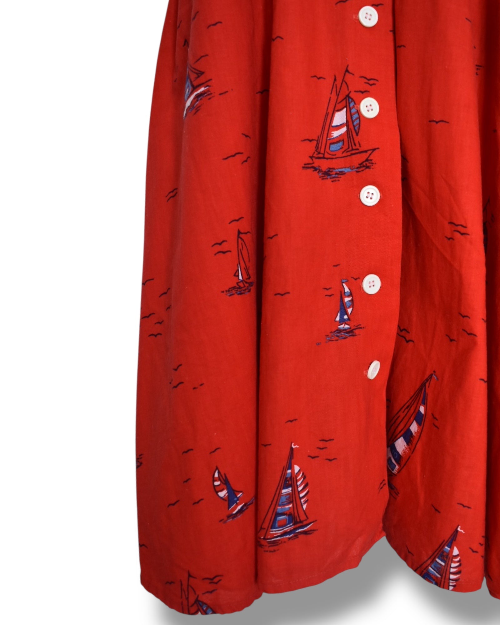 Vintage 80s Red Sailboat Print Midi Dress | Sweetheart Neckline