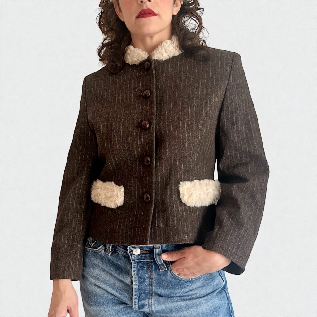 90s Wool Blend Pinstripe Jacket - Faux-Fur Accents