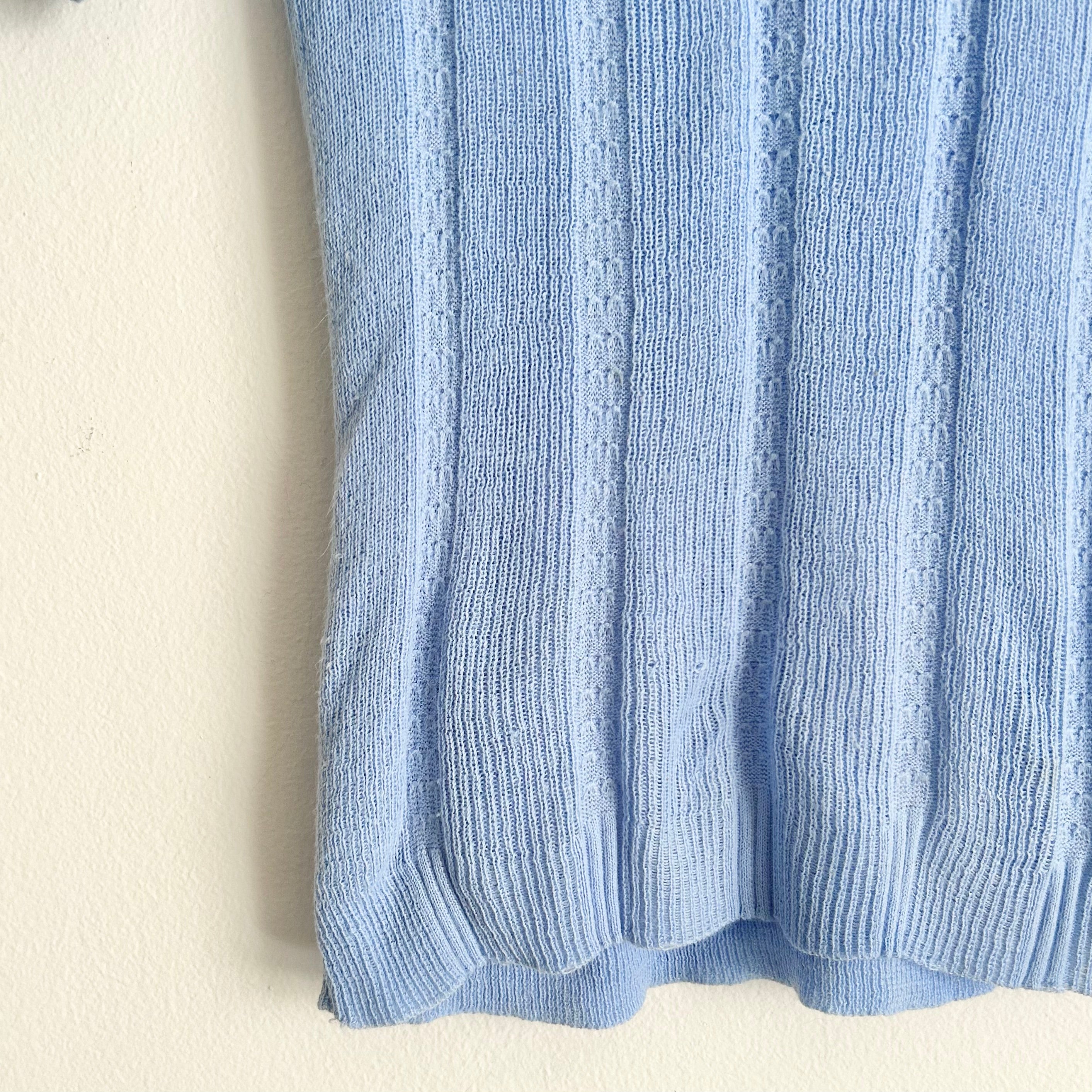 1970s Sky Blue Pointelle Ribbed Knit Top