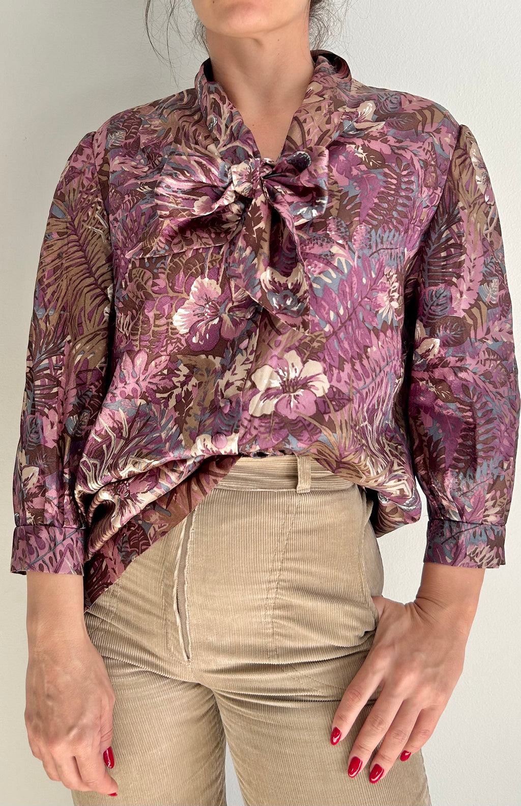 Handmade Long-Sleeve Double-Button Blouse with Neck Tie – Dark Purple Floral