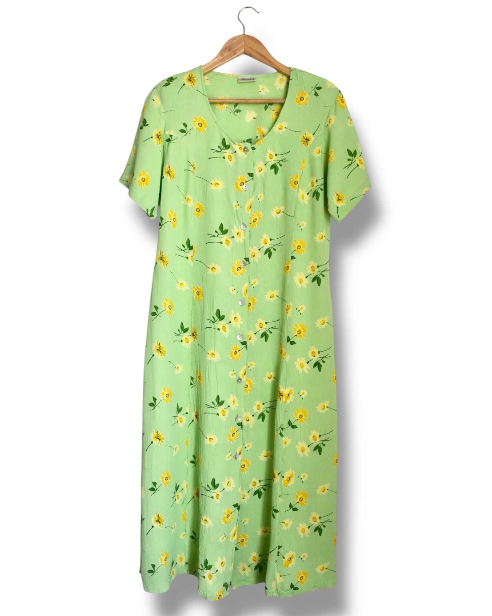 Vintage 80s/90s Green Floral Midi Dress – 100% Viscose